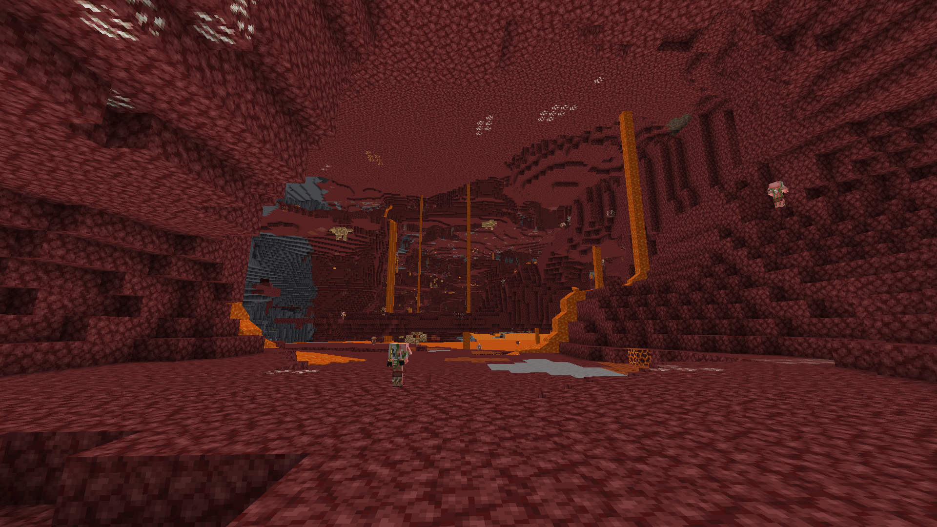 Reverse angle – nice view from here! A view of the open nether from a low-lying, semi-enclosed spot. There is a large lava lake in the centre of view, several lava falls, and chaotic, terraced netherrack platforms.