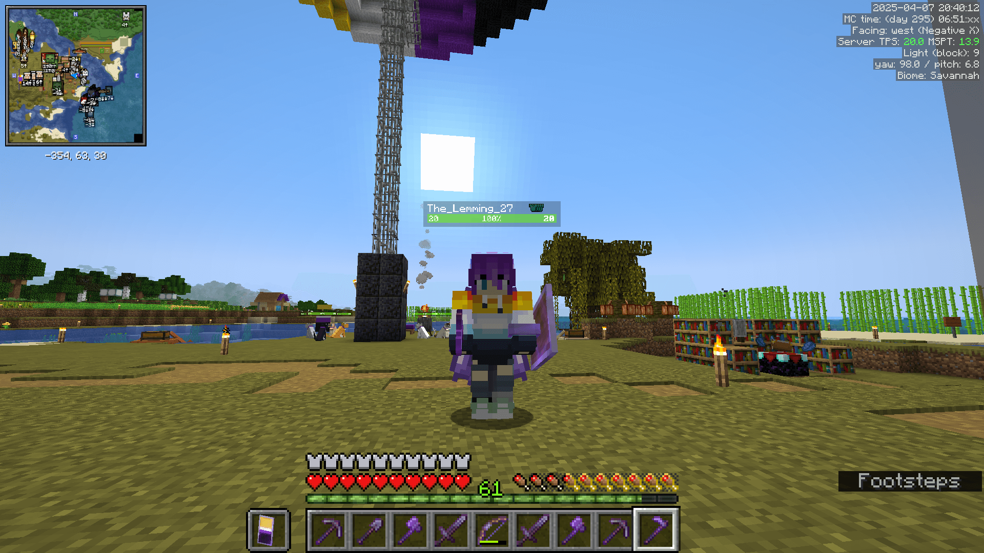 No, you 2020 tryhards, these are NOT diamond tools! 😤 A Minecraft player stands on a grass path with the sun rising in the background. The player is holding a netherite hoe, and their hotbar contains seven other netherite tools and weapons.