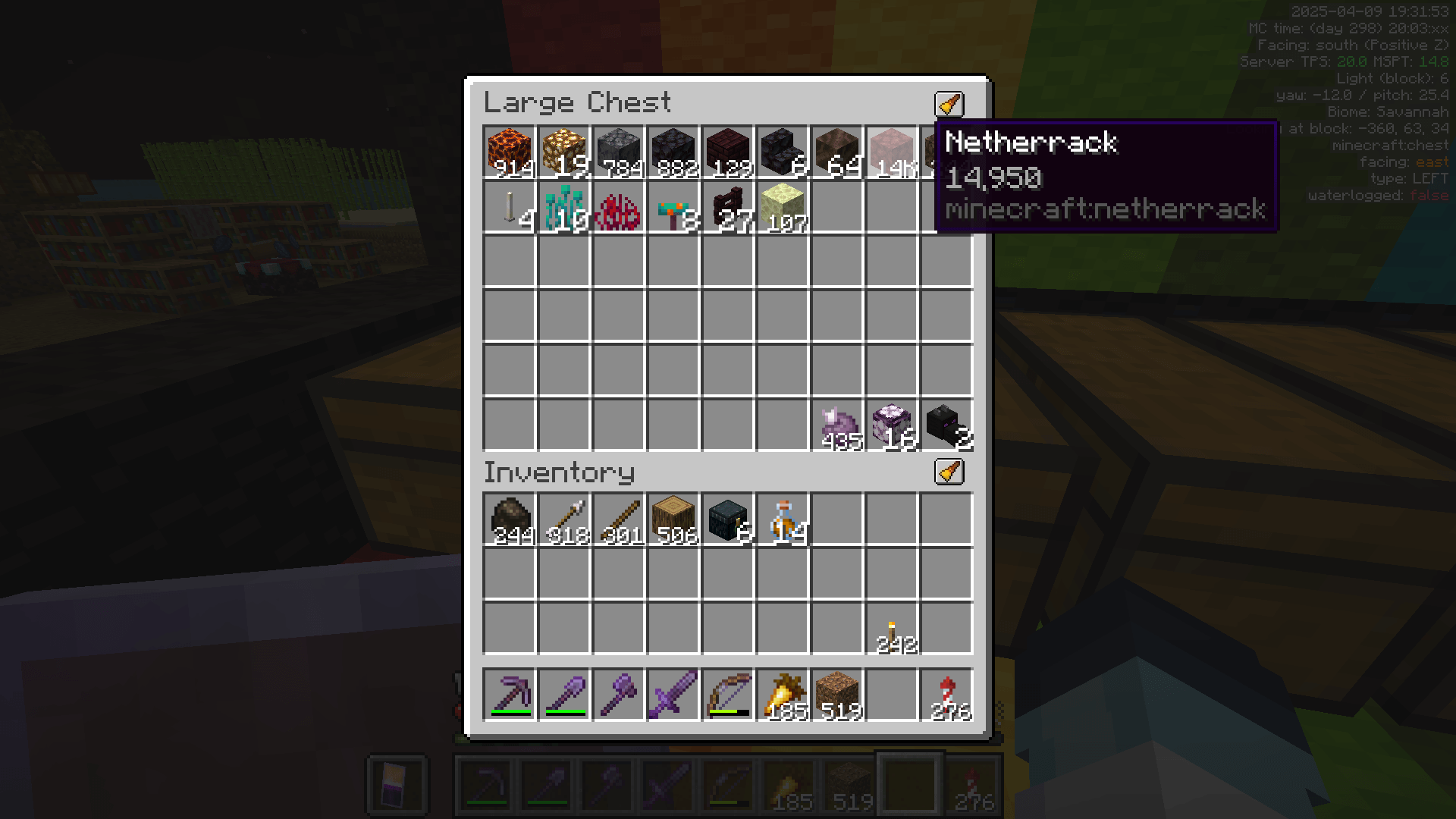 Shulkers, shmulkers! Just squash your items harder til they fit in the square :D A Minecraft chest inventory with items from the nether and end dimensions. Highlighted is a stack of 14,950 netherrack, written as 14K in the chest GUI.