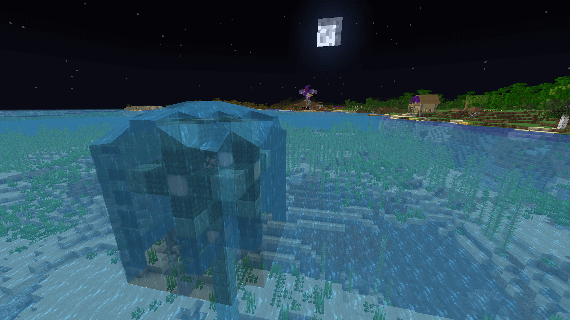 It was quite a challenge to get the water to flow like this! A conduit, raised above sea level, immersed in water flowing out of a source block suspended above. The full moon sets in the background.