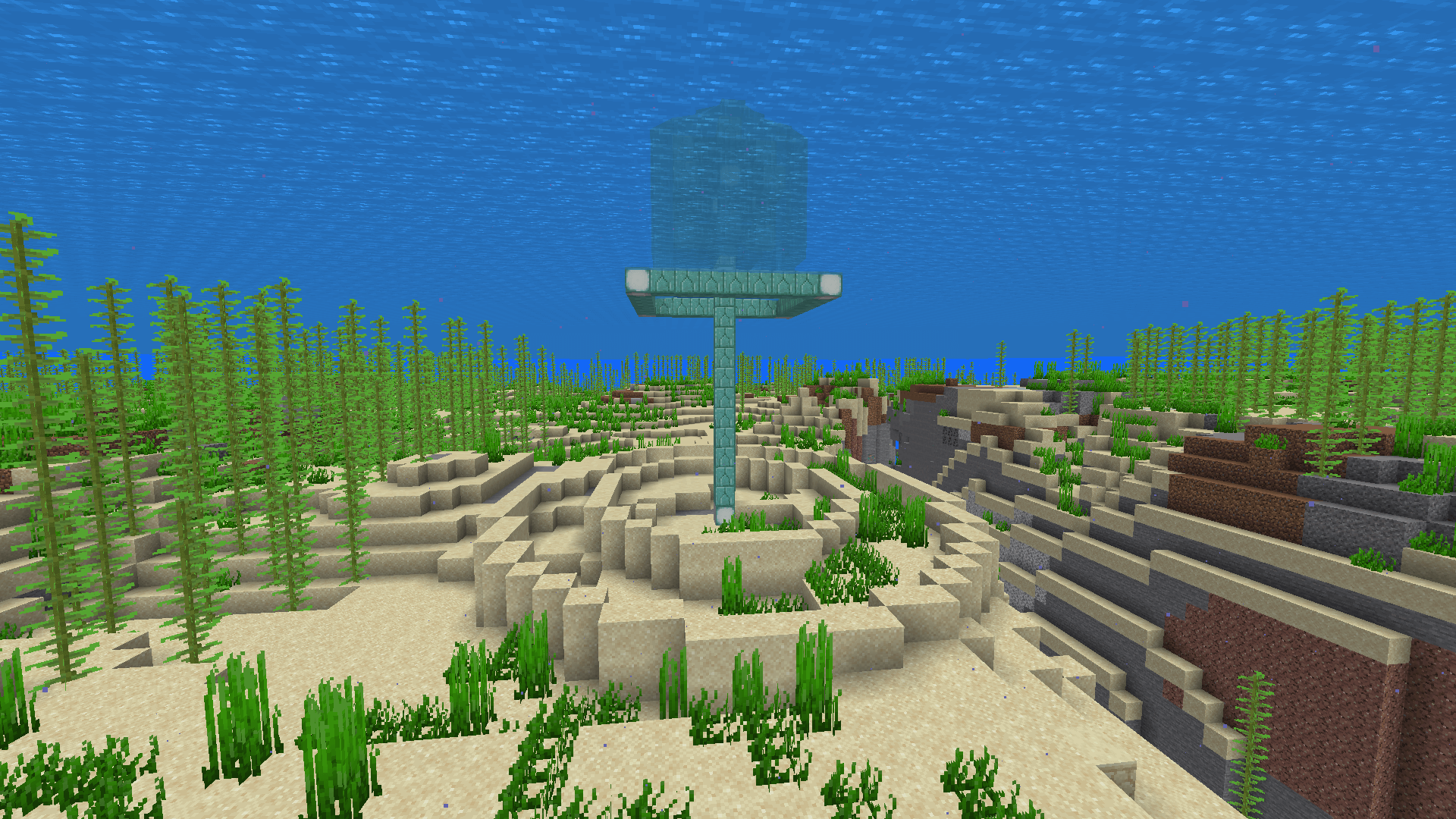 Anti-sea-bear oval. Wait, it has to be a circle? A prismarine column rising from the seafloor, with two rings of sand formed around it.
