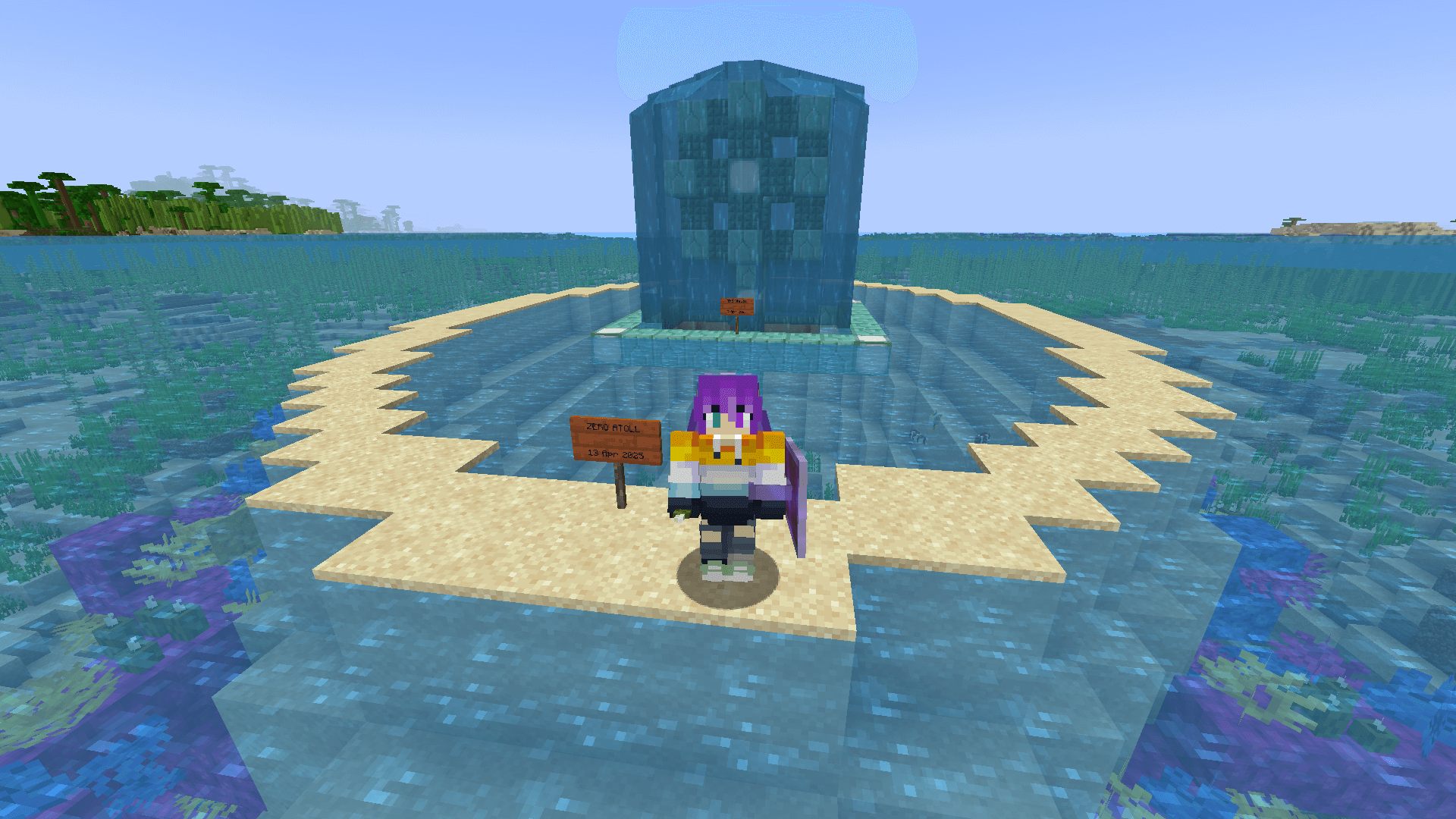 Get me a deck chair, a parasol, and a piña colada! A Minecraft player stands on an oval of sand in the ocean, in front of a waterlogged conduit that sits within the oval, above the sea level.
