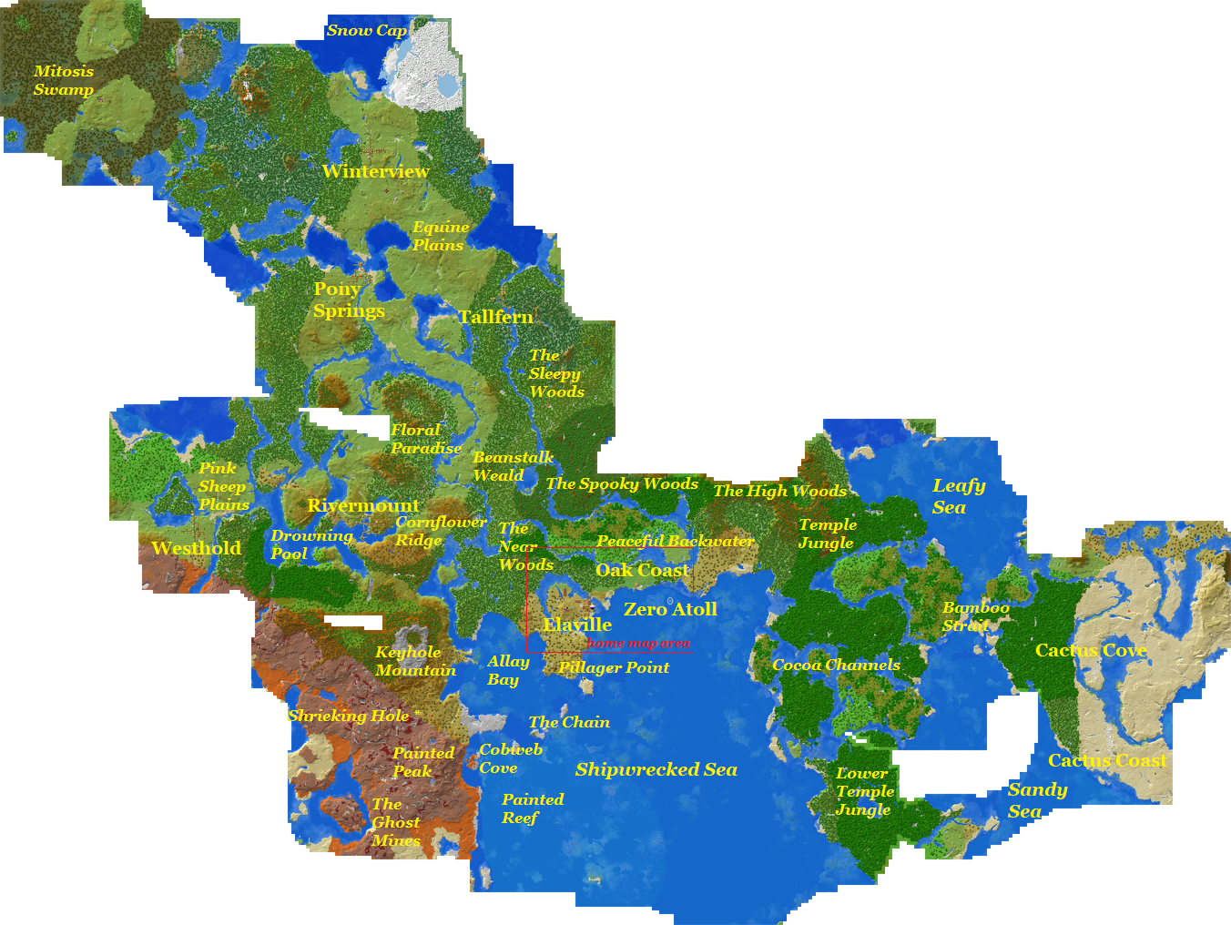 A map of a Minecraft world. There are plains to the northwest, large forests to the north, jungles to the east, ocean to the south, and mountains and mesa to the southwest. Farther away, there is desert to the east, snow to the north, and swamp in the extreme northwest.