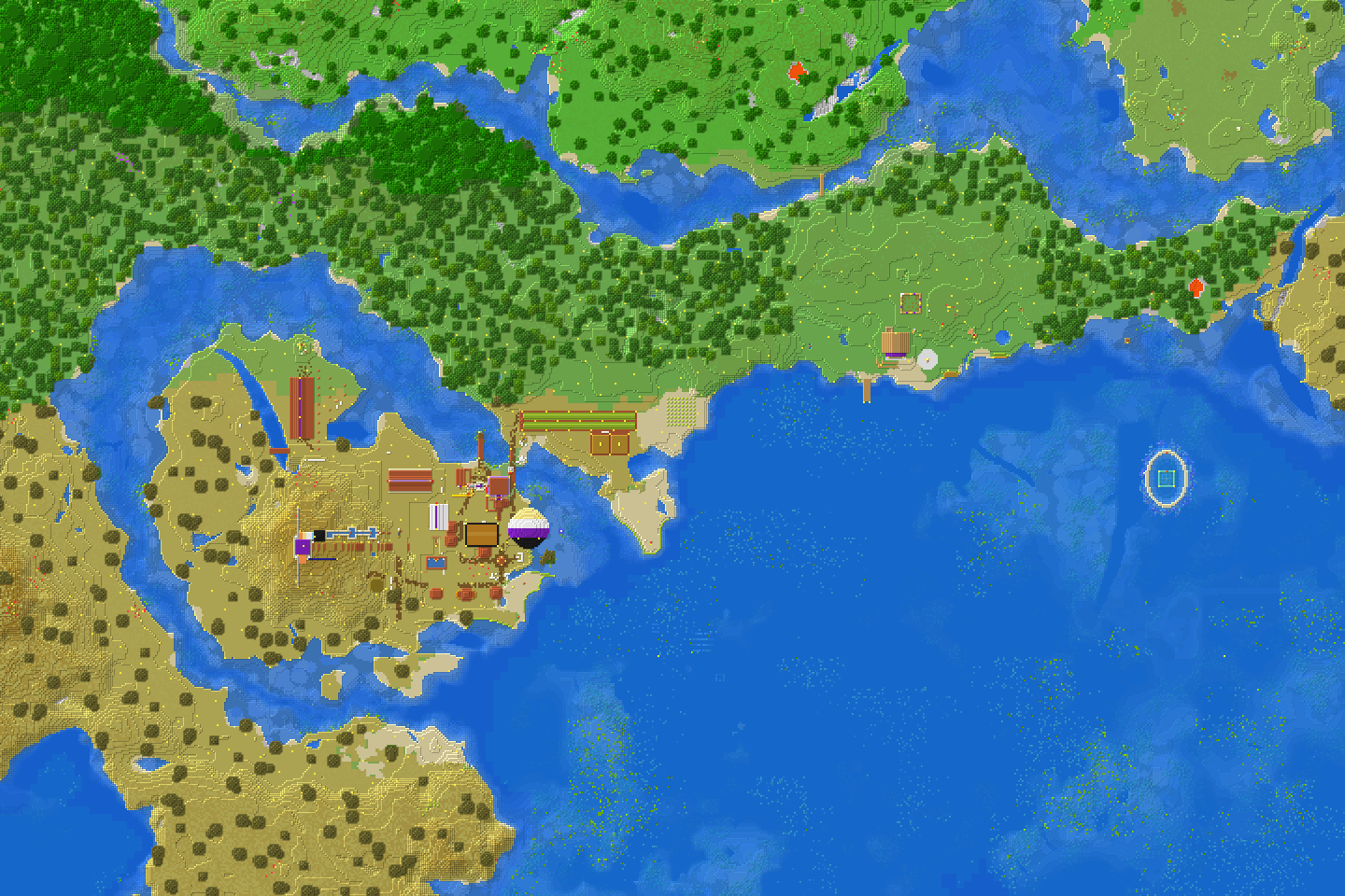 A map of part of a Minecraft world. The left-centre area contains a village with many player-made structures. The upper edge of the map is oak forest, with a small clearing and building in the centre-right. The lower-right is ocean, with a ring-shaped structure to the right.