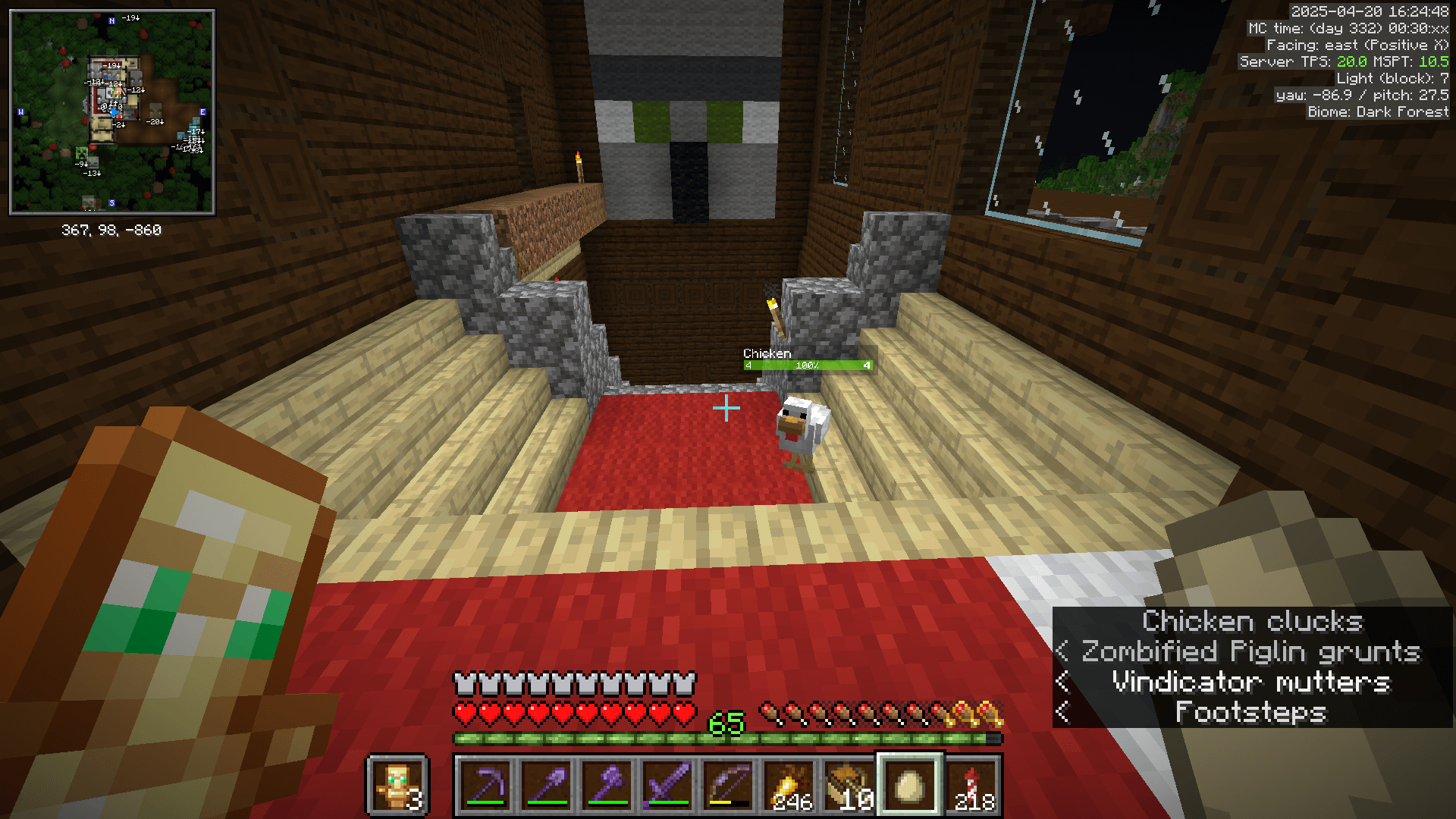 A chicken wandering near the top of the mansion stairs.