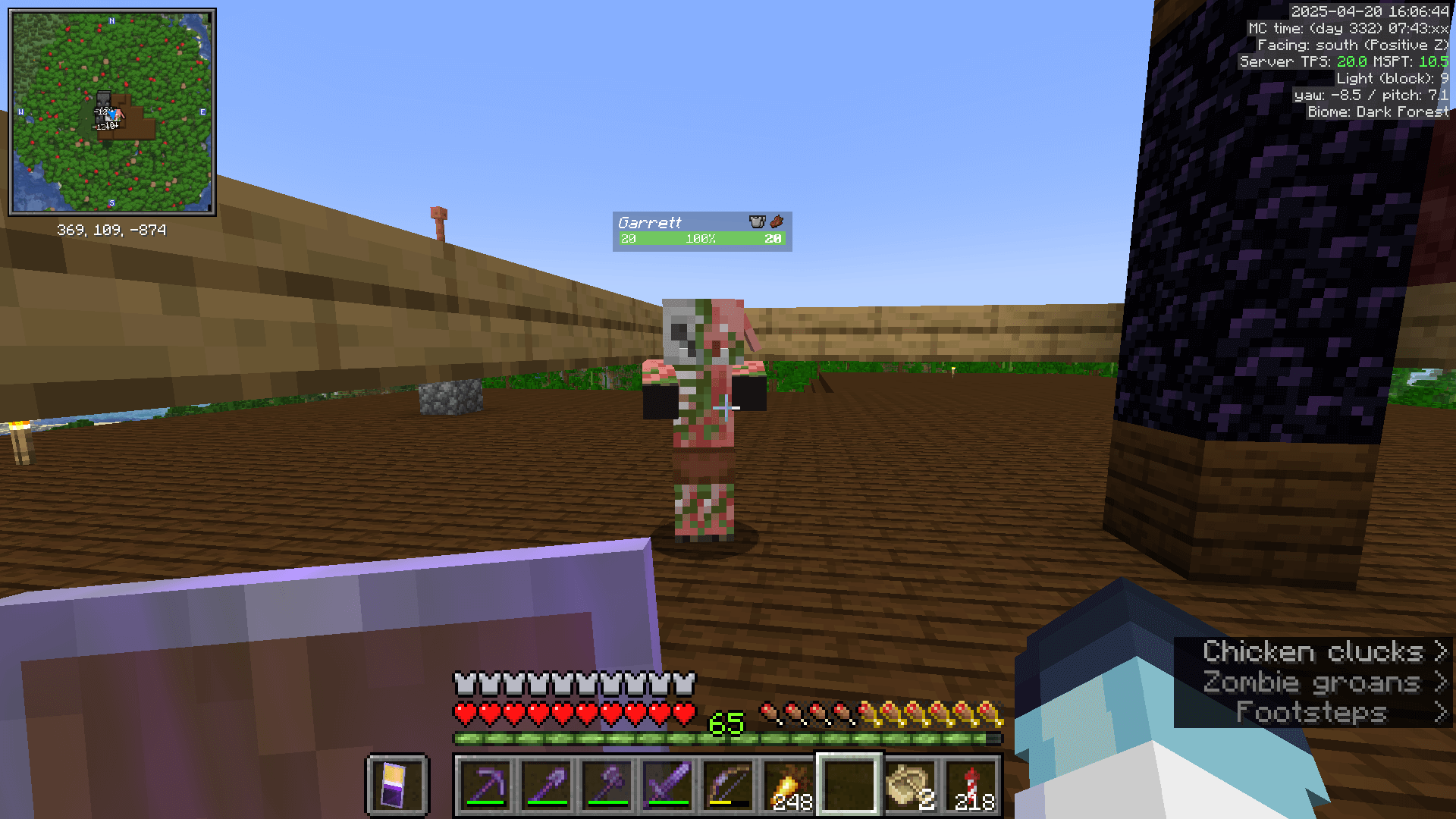 An unarmed zombified piglin, nametagged as Garrett, stands on the roof of the mansion.