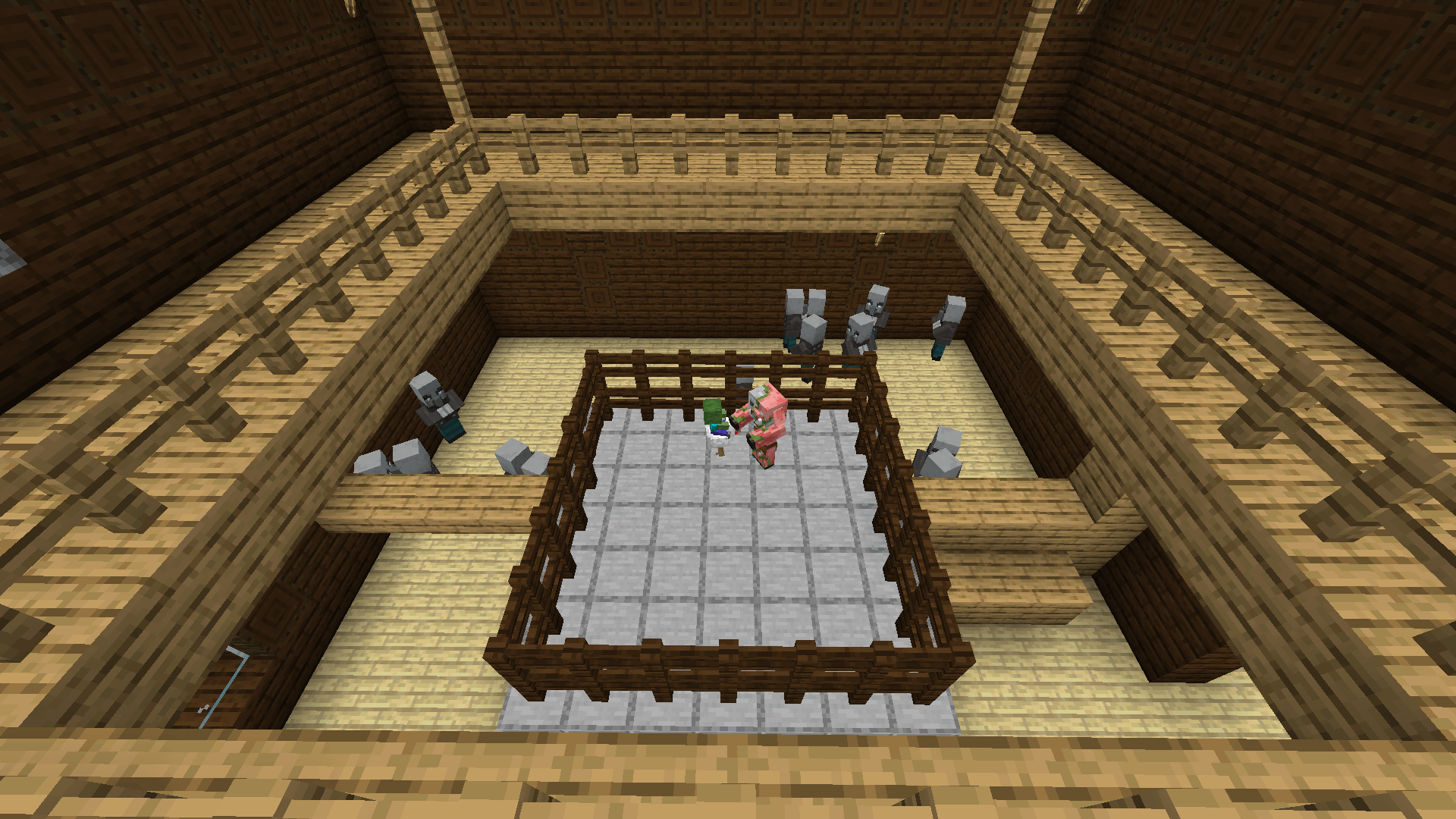 A recreation of the Chicken Jockey scene. A chicken jockey and an unarmed zombified piglin face each other in the mansion arena, while many vindicators occupy the area around the ring.