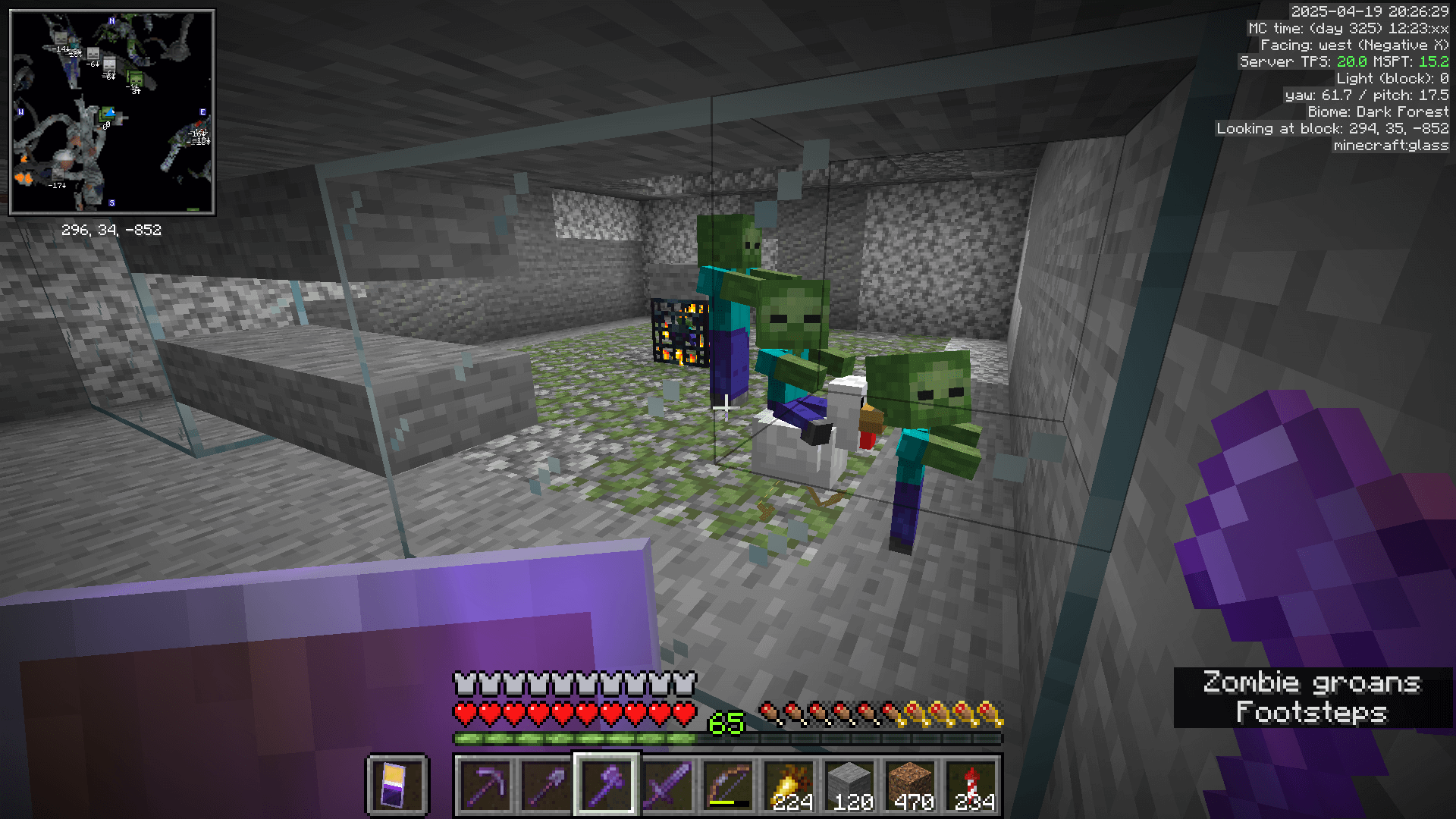 A zombie spawner room boxed in by glass and stone slabs. Inside is a chicken jockey, another baby zombie, and a regular zombie.