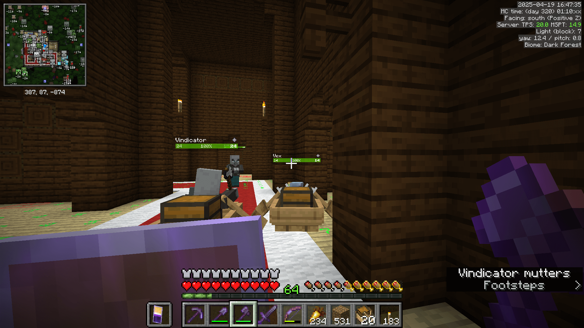 A woodland mansion hallway. There are two chest boats on the floor, one holding a vindicator and the other holding a vex. Another vindicator stands further away.