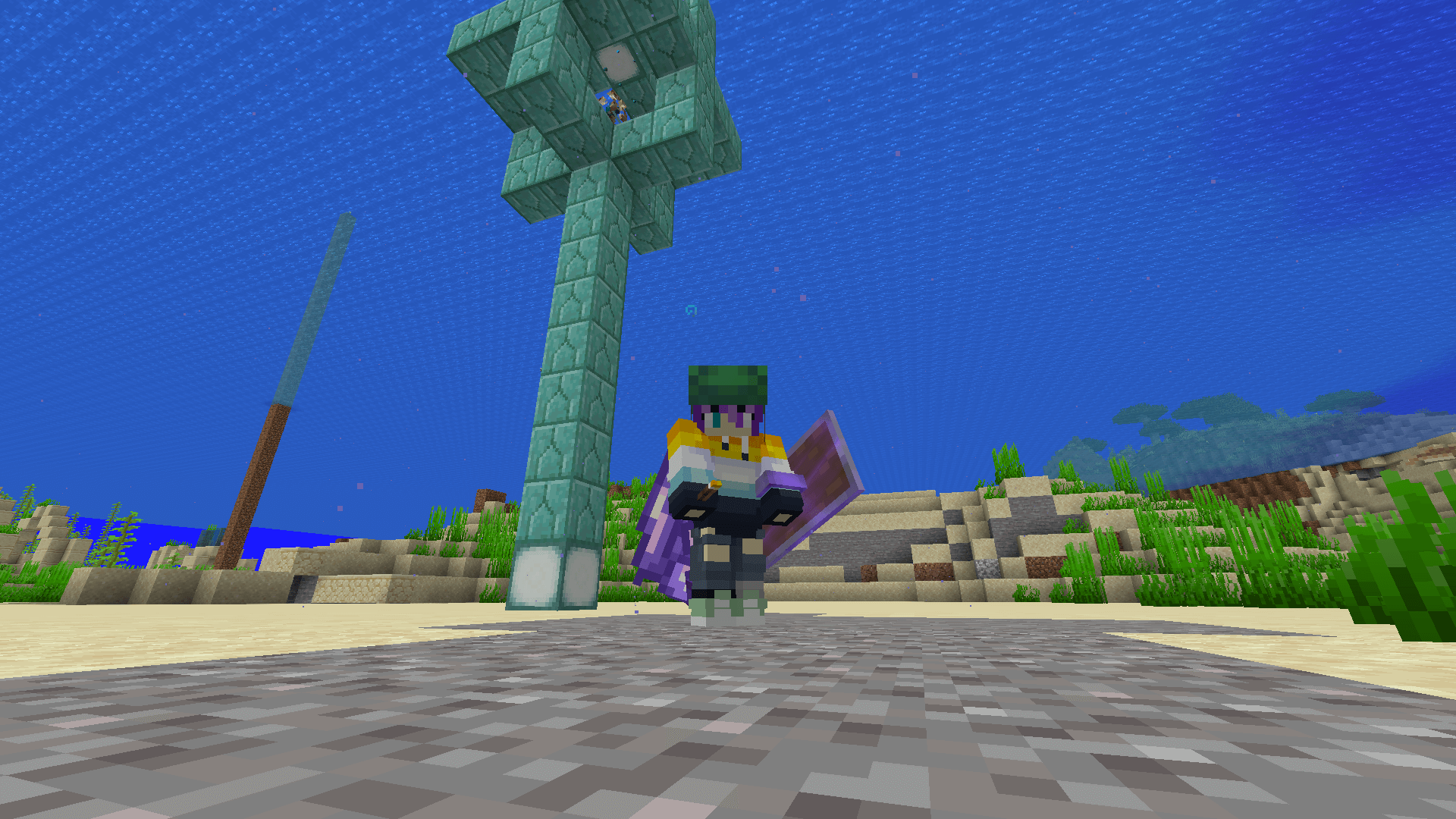 Ela stands on the seafloor wearing a turtle shell. Behind them is a conduit, supported by a pillar of prismarine blocks.