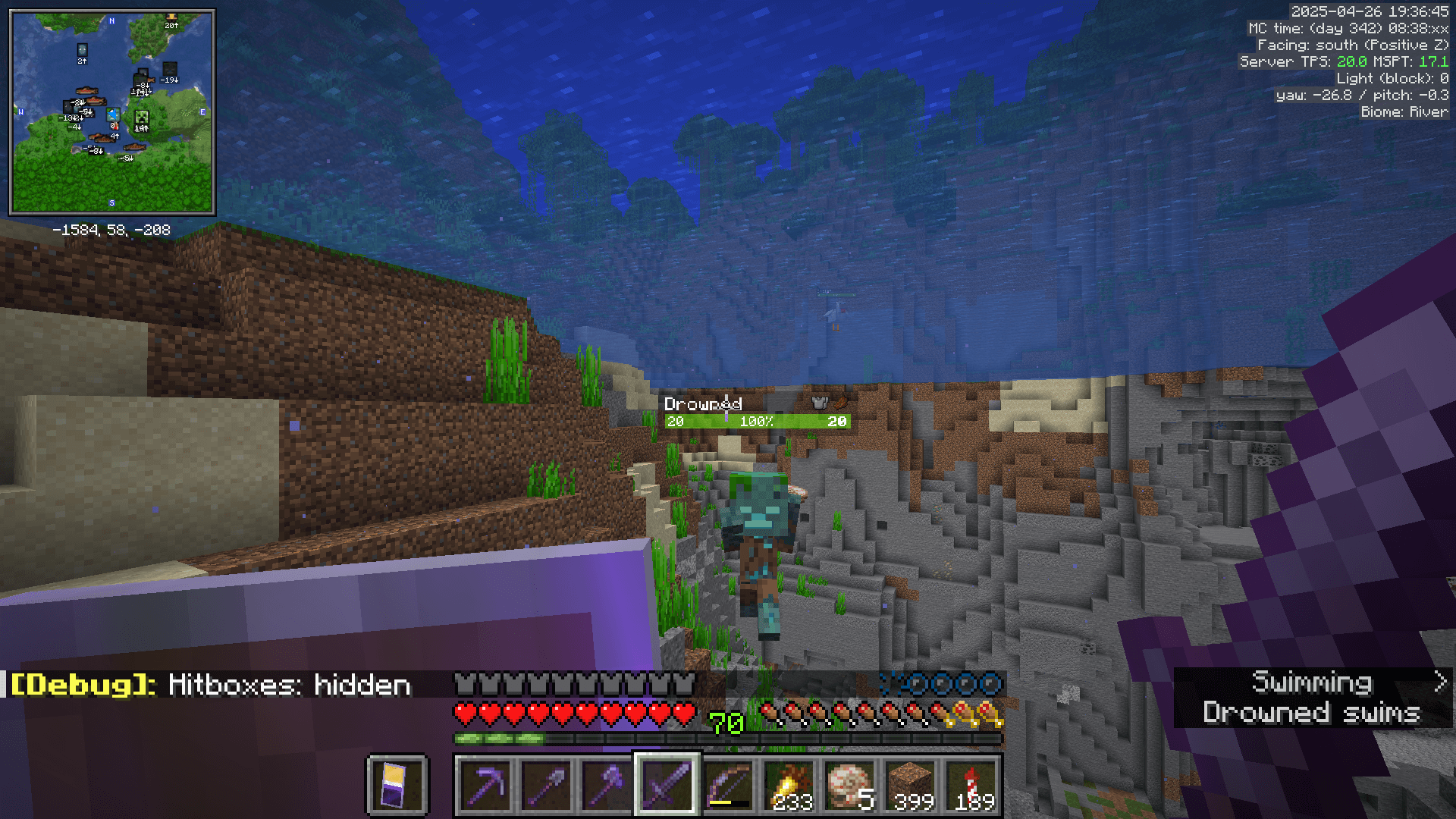 A baby drowned holding a conduit shell in a deep river biome. A baby chicken floats on the water's surface.