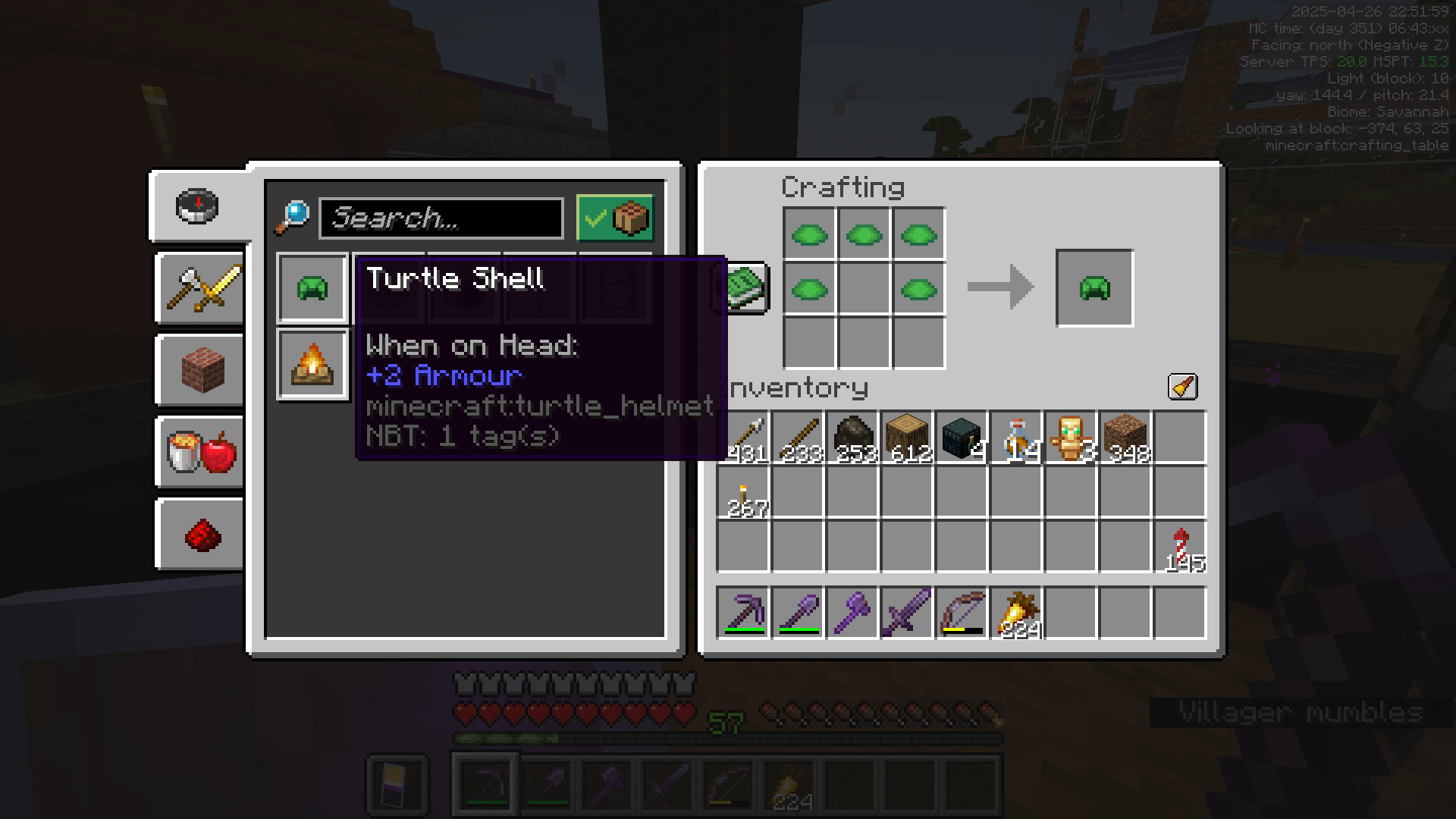 Inventory and recipe book GUI showing the crafting of a turtle shell from five turtle scutes.