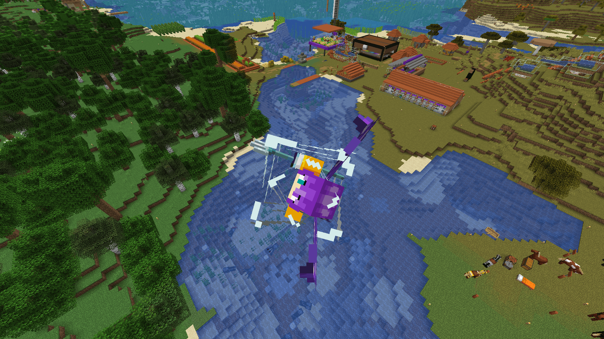 Ela zooms towards the camera using a riptide trident. They are above the river north of Elaville, with the village and farms visible in the background.