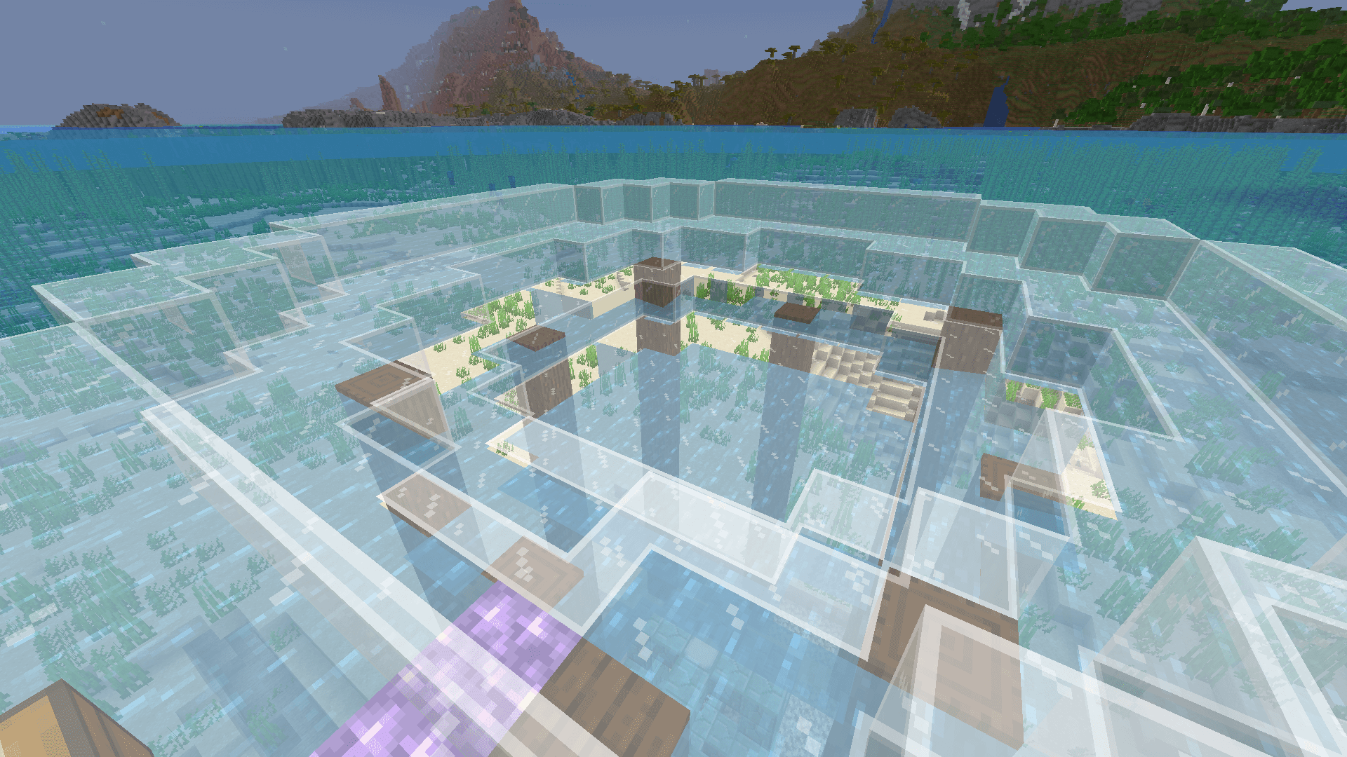 A circular white glass platform, curved upwards from the centre, resting on top of a ring of dark oak pillars on the surface of an ocean.