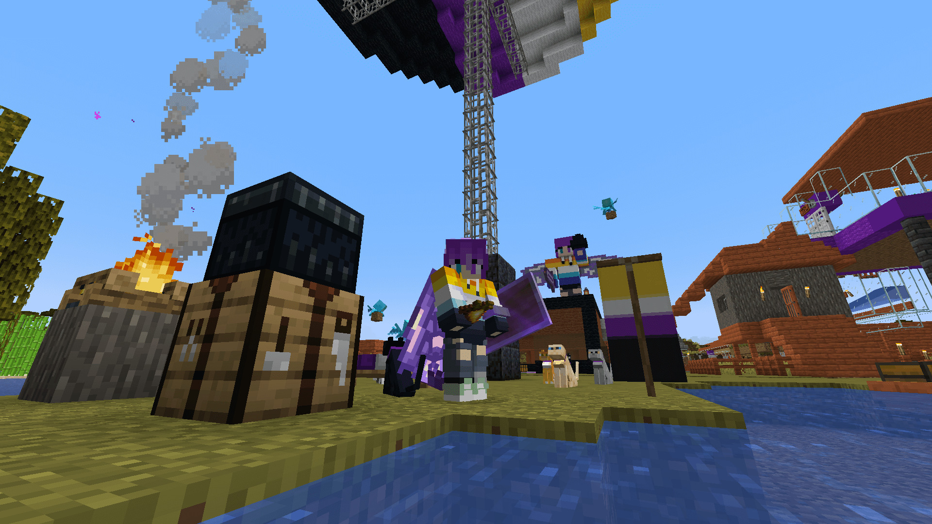 Ela stands in front of their cats, next to a banner in the non-binary pride colours, underneath a large umbrella in the same colours. Some allays float around holding dirt blocks.