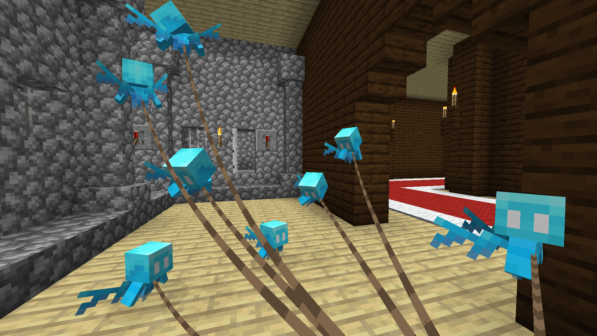 A large group of allays on leads outside the jail cells in a woodland mansion.