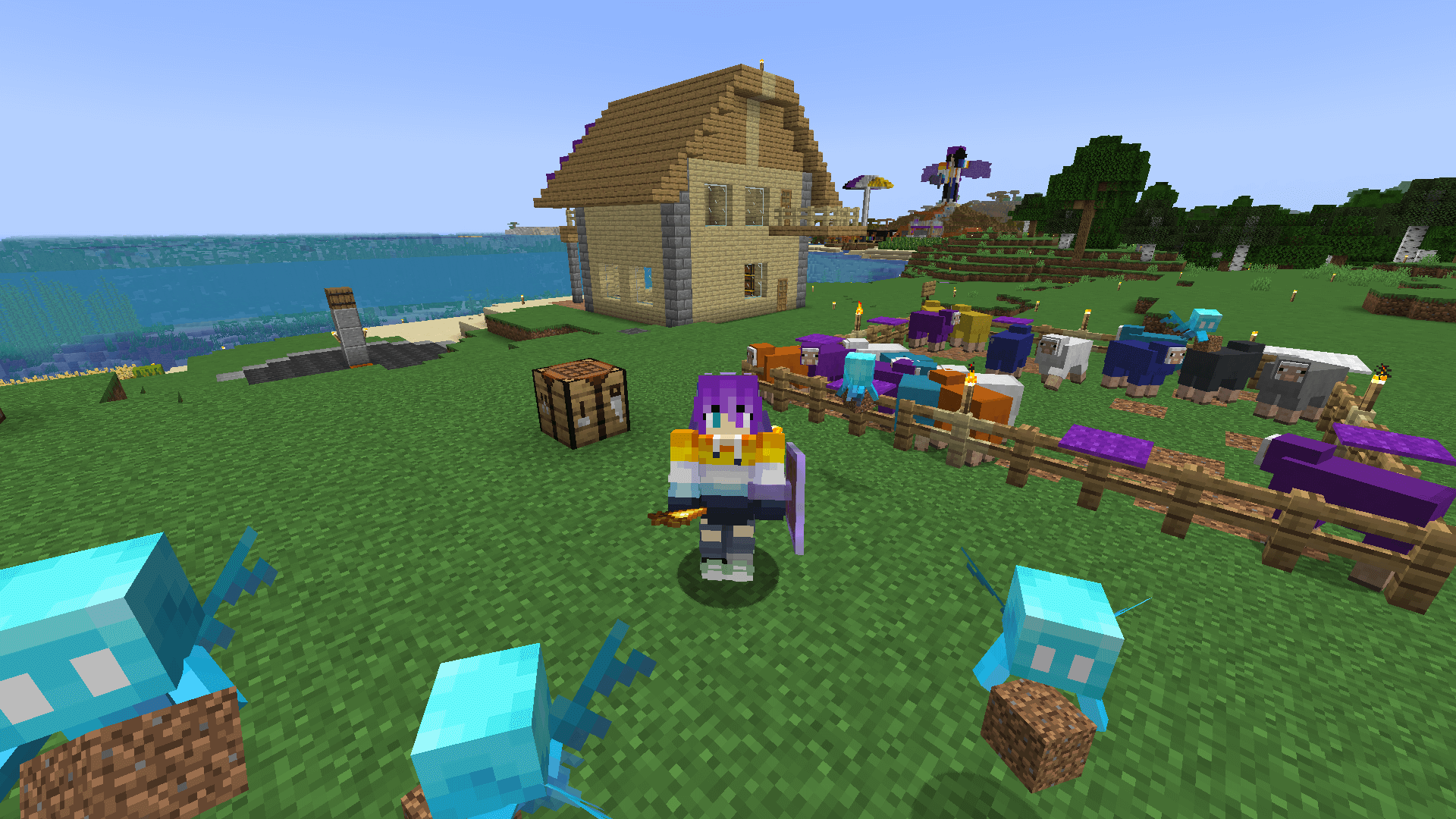 Ela stands by an enclosure holding coloured sheep, behind an oak and birch house, while several allays float around holding dirt blocks.