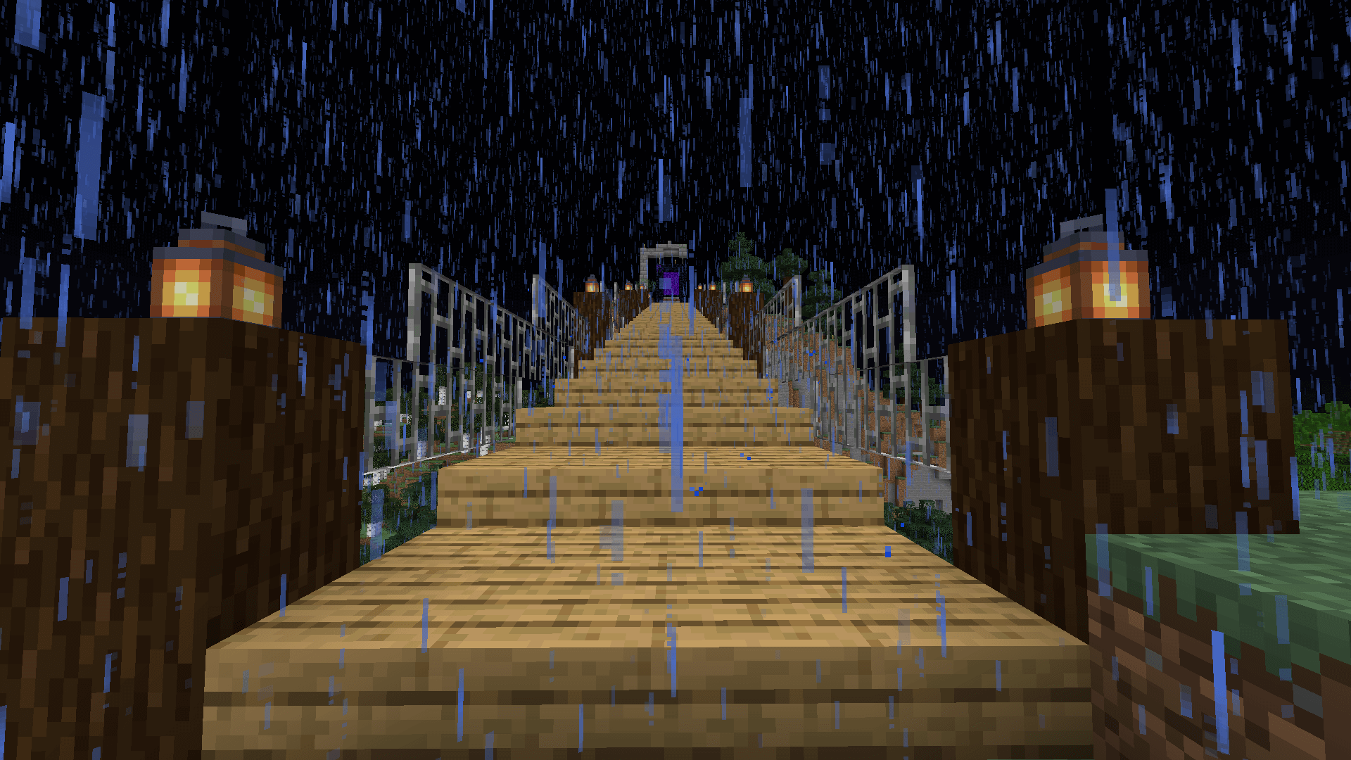 Front-on view of a wooden bridge, sloping upwards, leading to a nether portal. The sides are decorated with logs and lanterns.