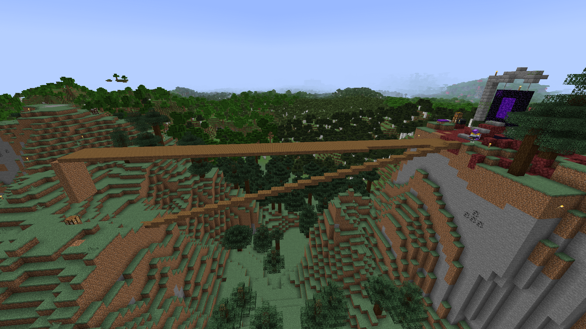 Side view of a basic wooden slab bridge between two hills, built on a 1:4 slope. A flat bridge, by comparison, ends up several blocks too high on the far side.