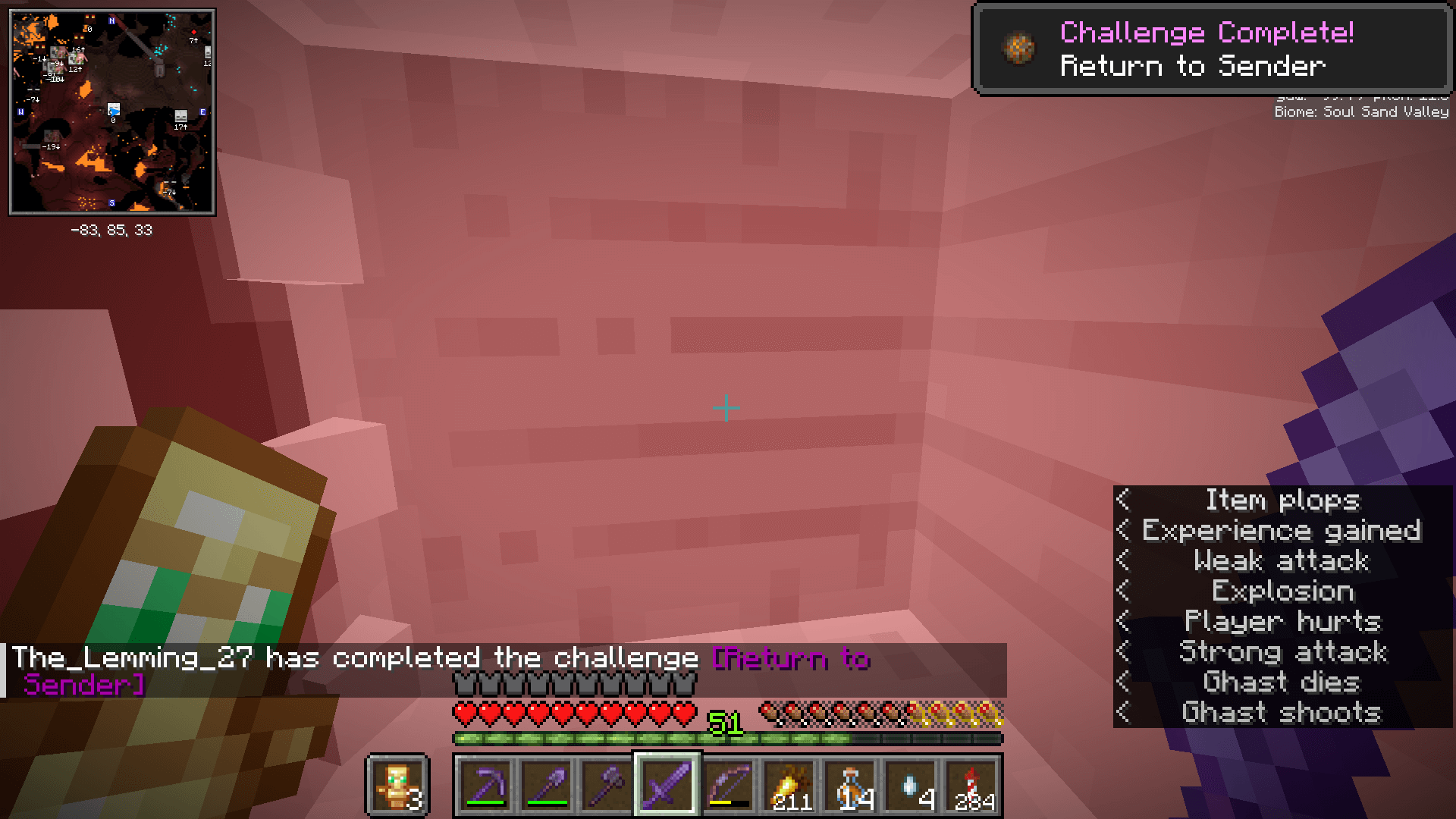 A dying ghast takes up the entire field of view as the player achieves the "Return to Sender" advancement.