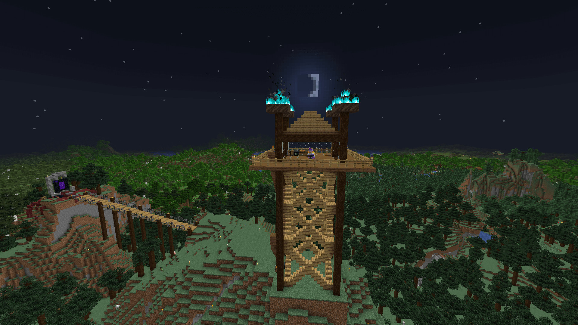 A watchtower on a hill in a spruce biome, with a crescent moon overhead. The nether portal and connecting bridge are visible in the lower left.