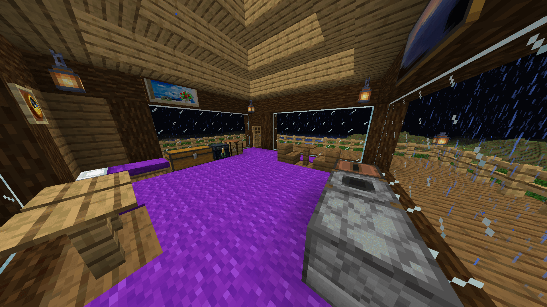 Inside the control room at the top of the tower. The room is decorated with a variety of utility blocks and furniture.