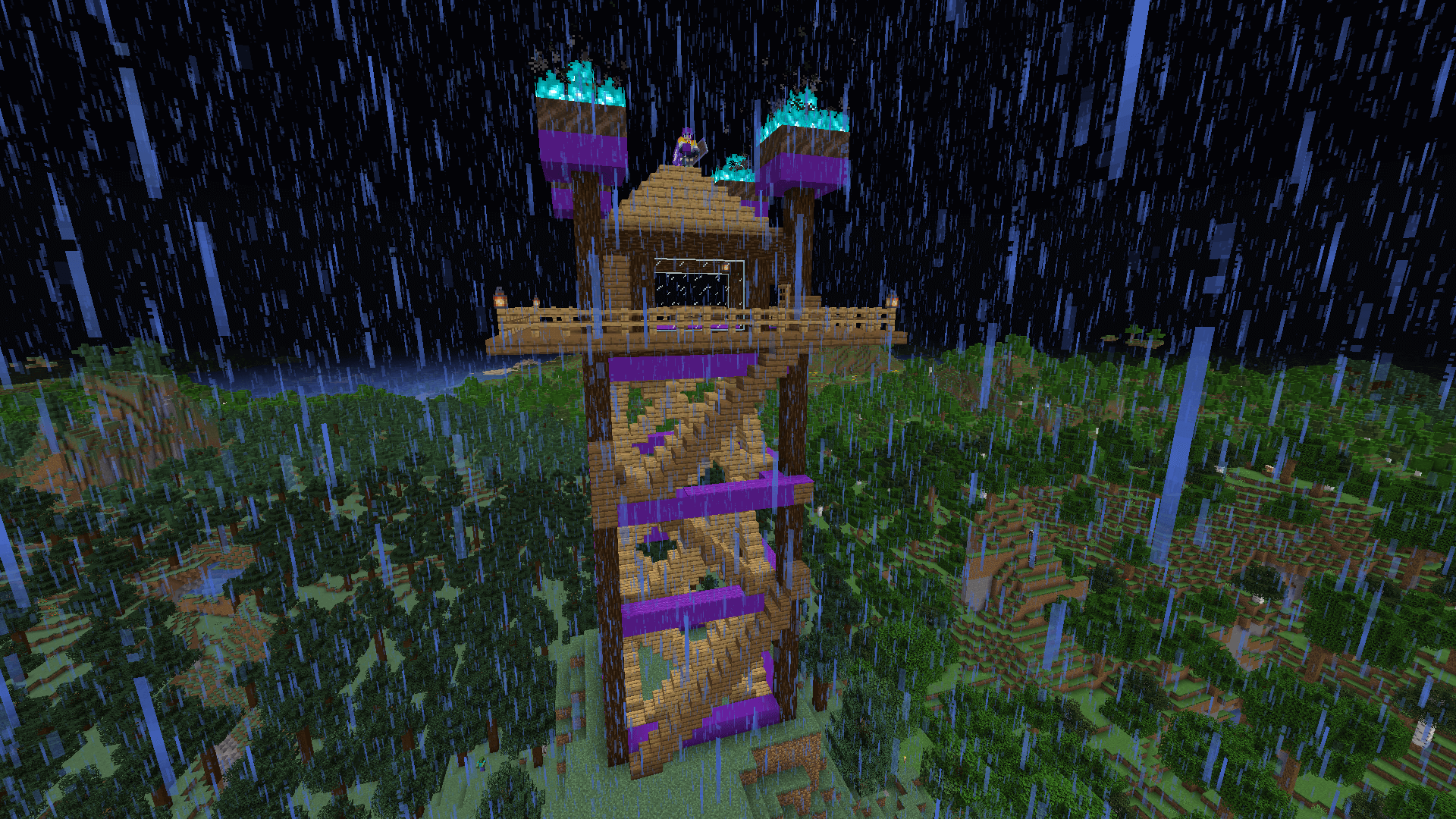 The same tower, but with added purple concrete trim. It's a rainy night.