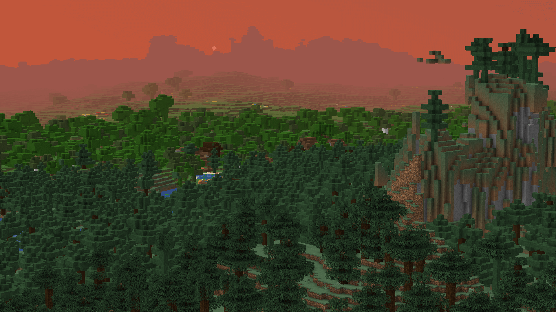 Looking out over a spruce forest. A taiga village is visible in the middle distance, albeit in low resolution.