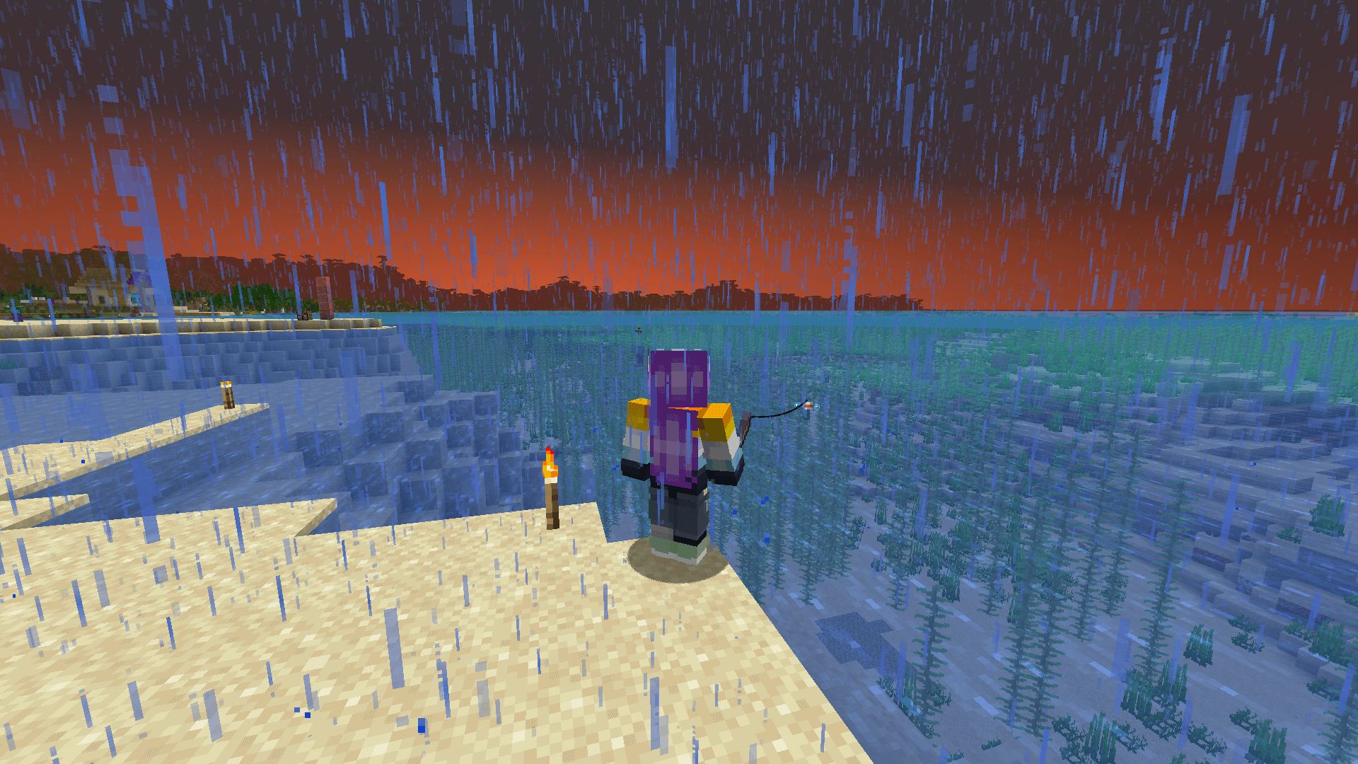 Worth getting my hair wet for. A Minecraft player fishing during a rainy sunrise.
