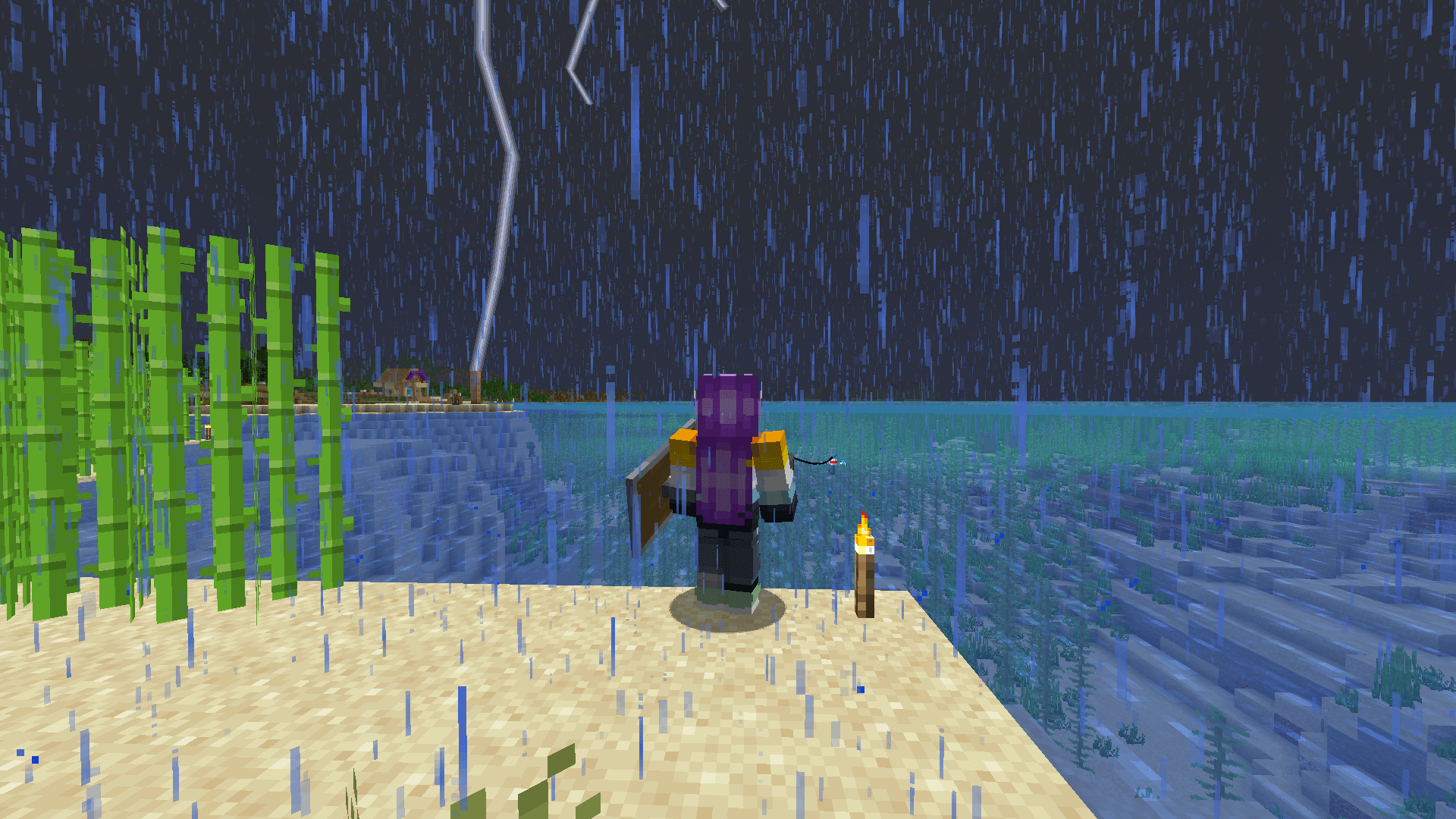 Fishing up a STORM! A Minecraft player fishing during a thunderstorm.