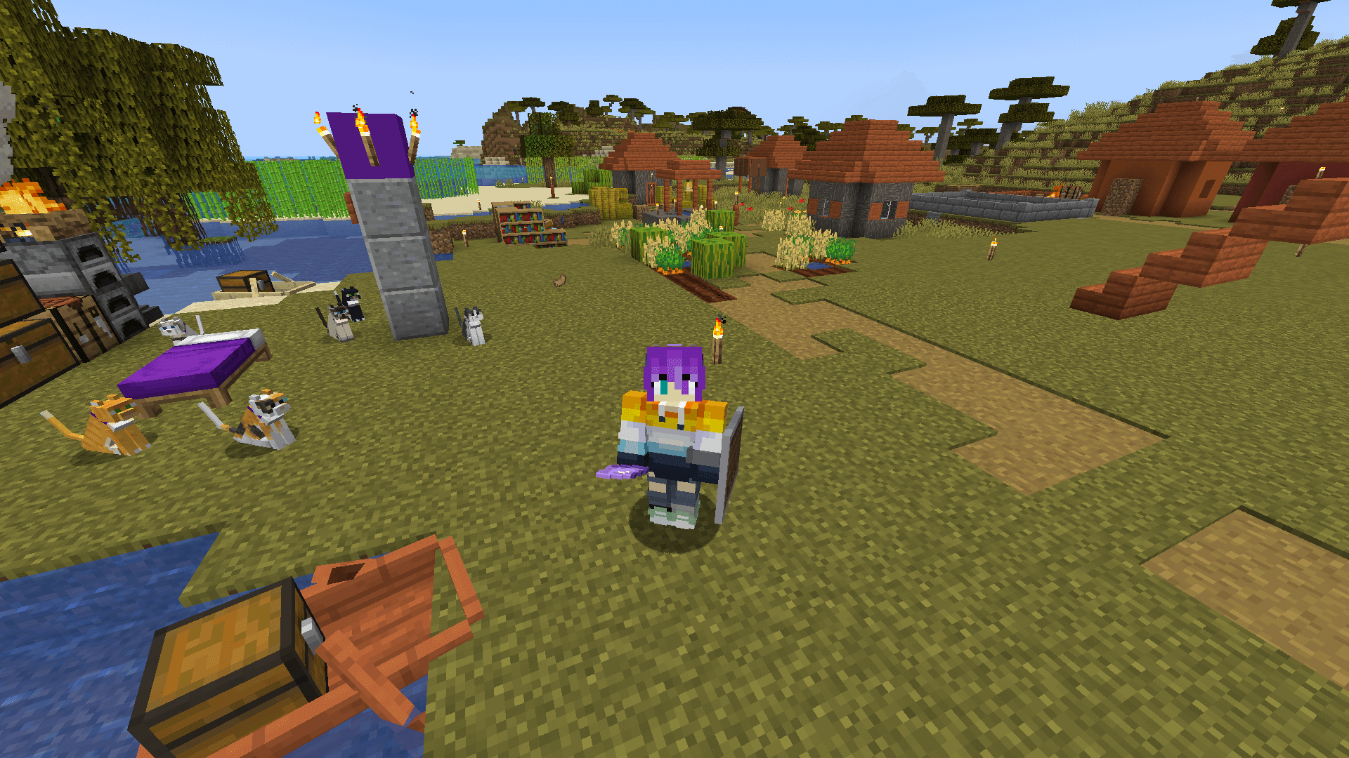 The cat gifts have been sweet, too! Check out that lucky rabbit's foot. And this... amethyst crystal? A Minecraft player holding a purple crystal, accompanied by six cats.