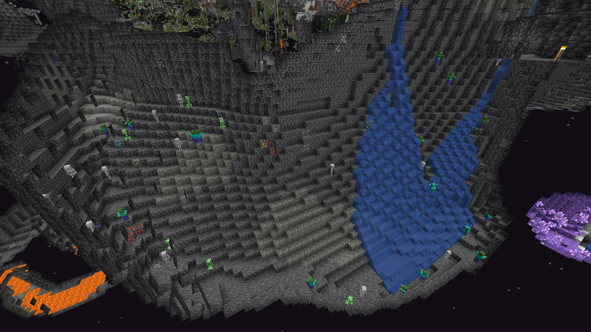 Side view using freecam of a deepslate cave with a large number of hostile mobs.