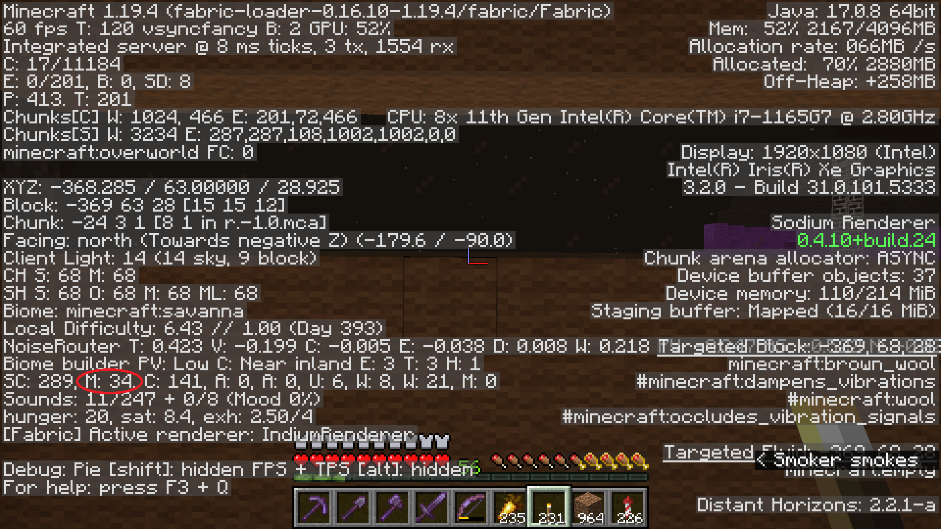 The Minecraft debug into (F3) screen. The entry showing the current number of hostile mobs has been highlighted with a red oval overlaid over the screenshot.