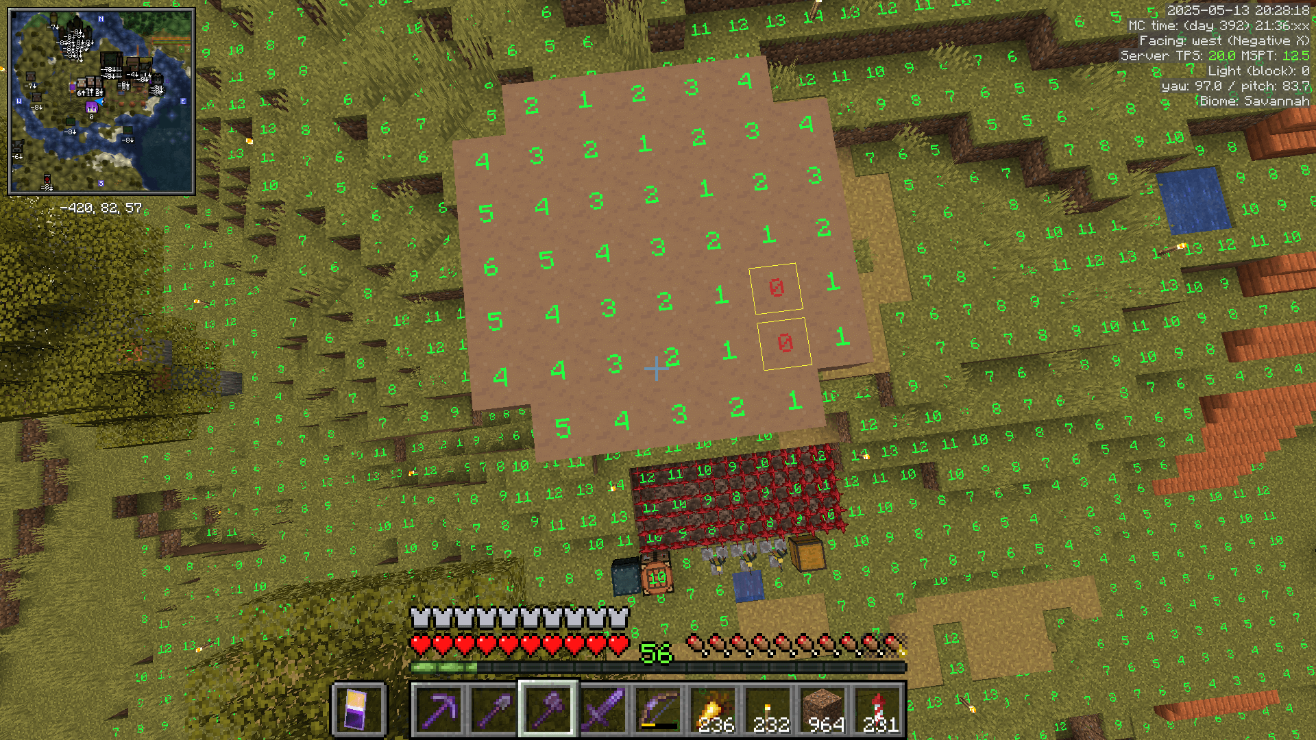 Top-down view of a giant brown mushroom, with the light level overlay from MiniHUD. Two blocks have a light level of 0.
