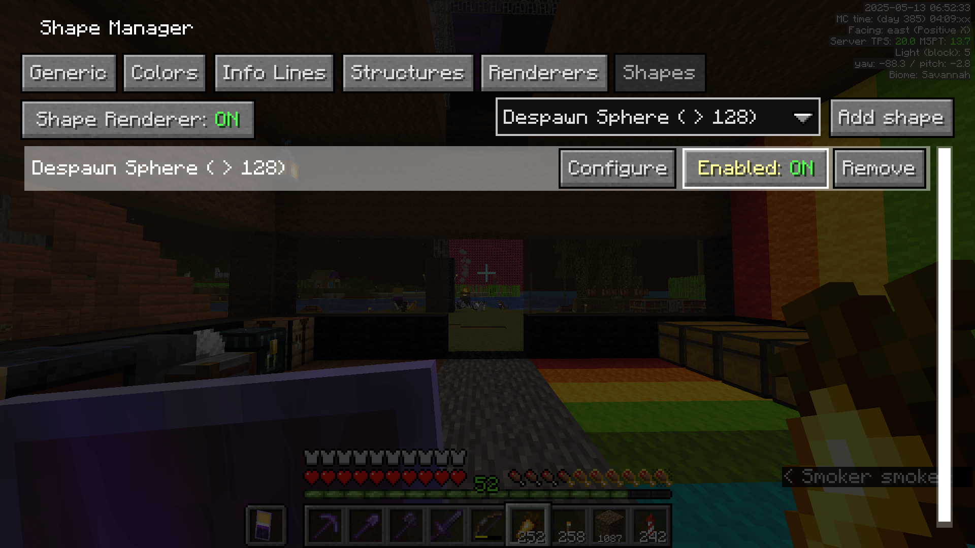 The MiniHUD menu interface for rendering a Despawn Sphere.
