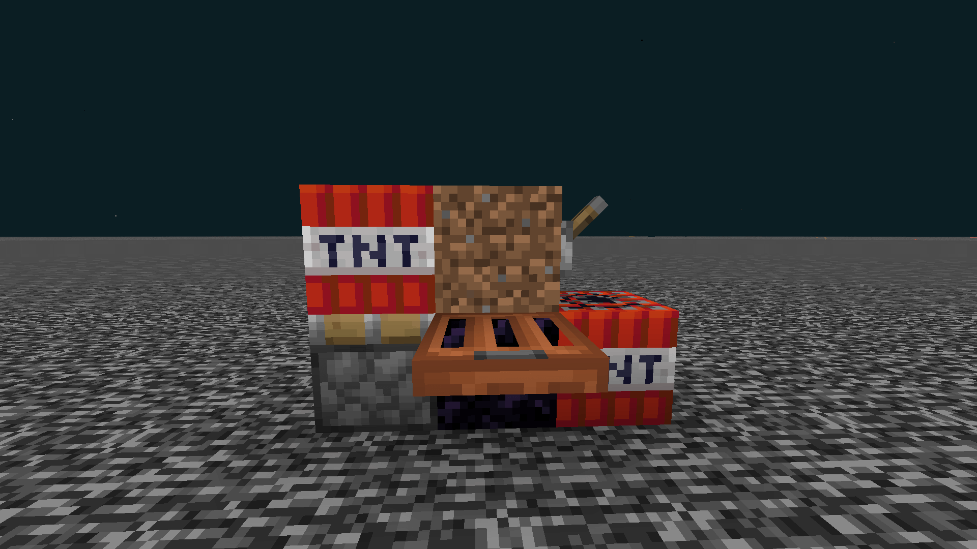 A contraption made up of a piston, trapdoor, lever, obsidian, and two TNT blocks, on the nether roof.