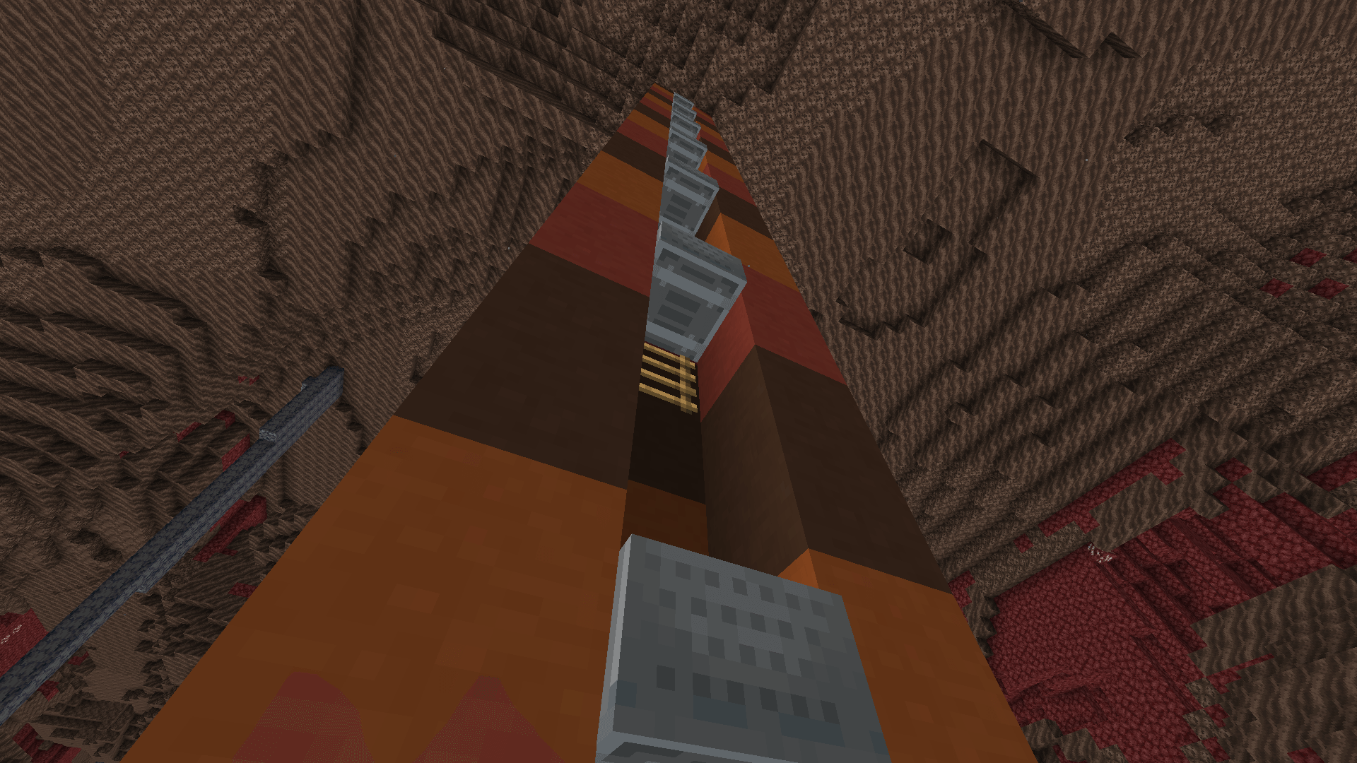 A series of minecarts, suspended on ladders, leading up to the soul sand ceiling of the nether.