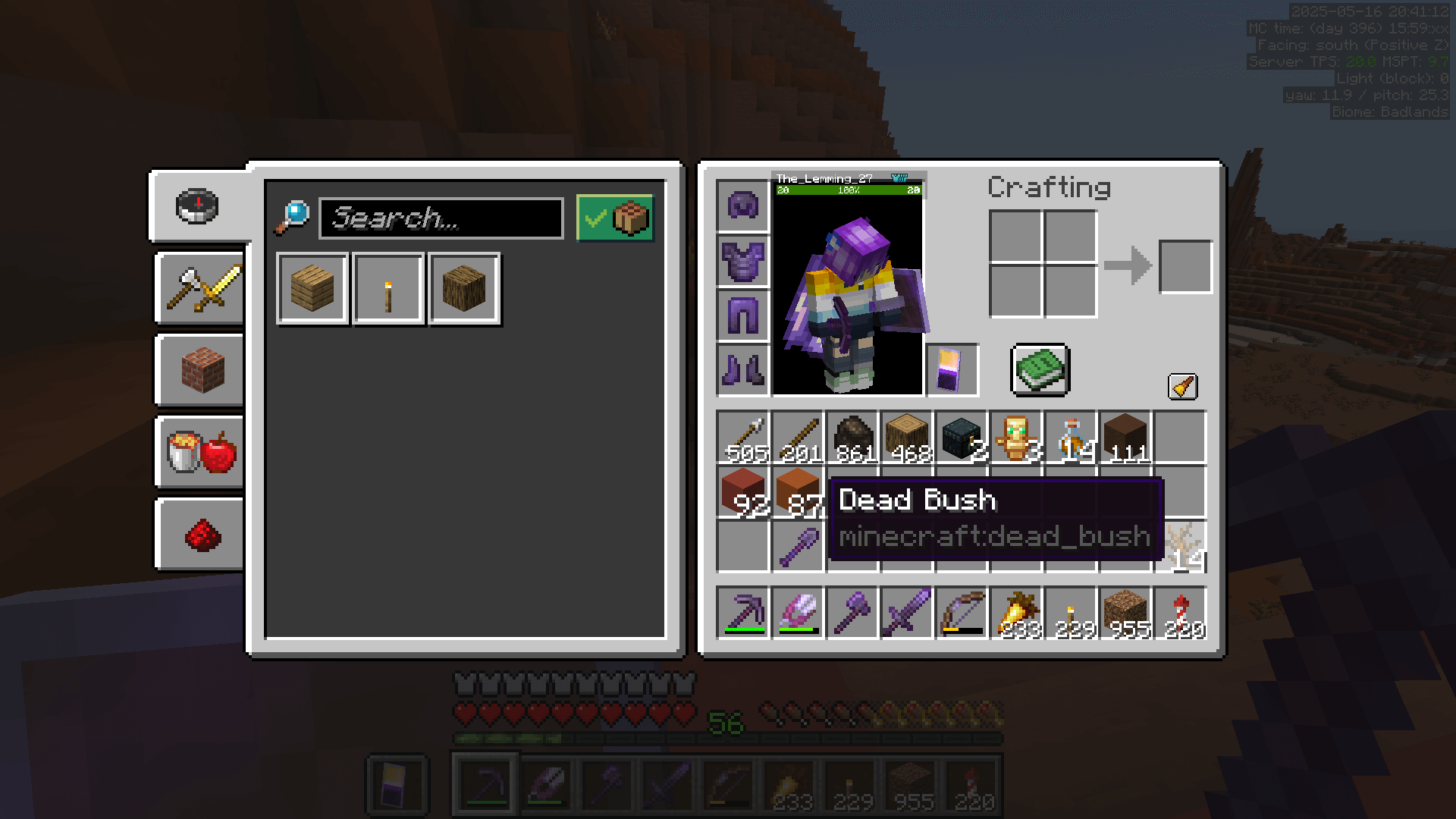 Minecraft inventory GUI, with the Dead Bush item highlighted.
