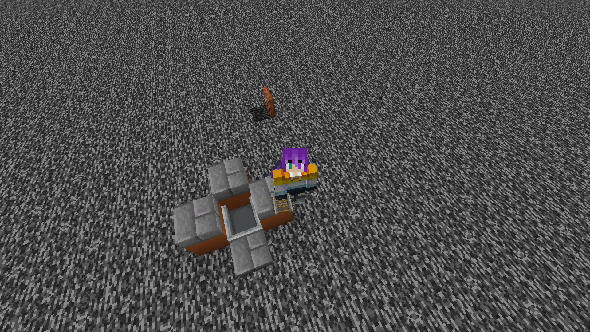 Ela stands on a stone slab platform around a minecart on the nether roof. Behind them is a hole in the bedrock, covered by a trapdoor.