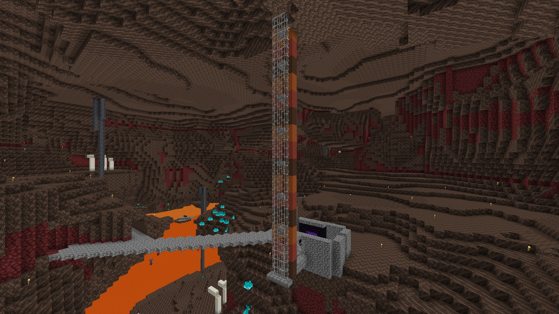 A minecart elevator, enclosed with iron bars, connected to a cobblestone box and bridge in the soul sand valley.