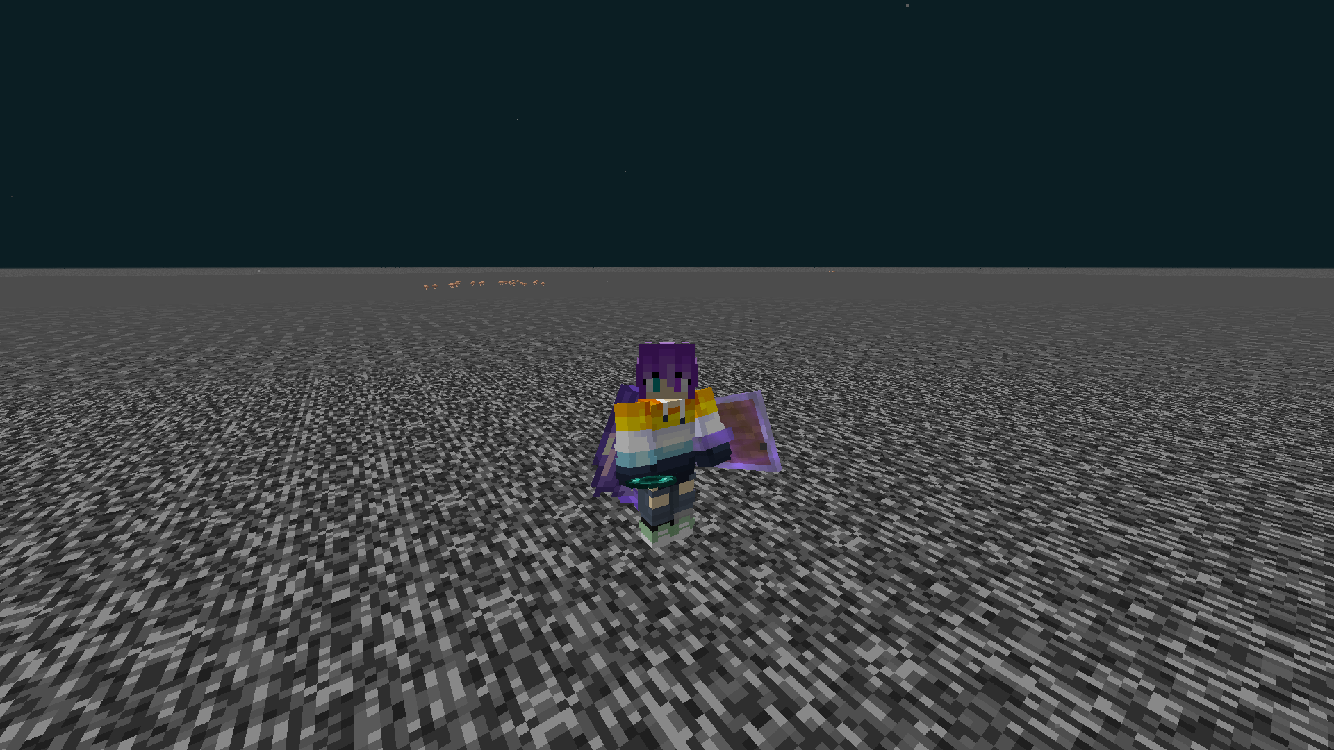 Ela stands on the nether roof holding an ender pearl. The land is an endless flat expanse of bedrock, with a few clusters of mushrooms.