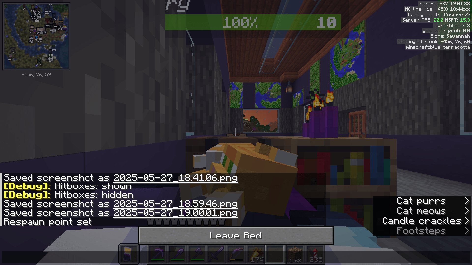 Laying in bed with a cat, in front of a barrel and bookshelf adorned with purple candles. The walls of the bedroom are decorated with maps. The setting sun is visible through the window.