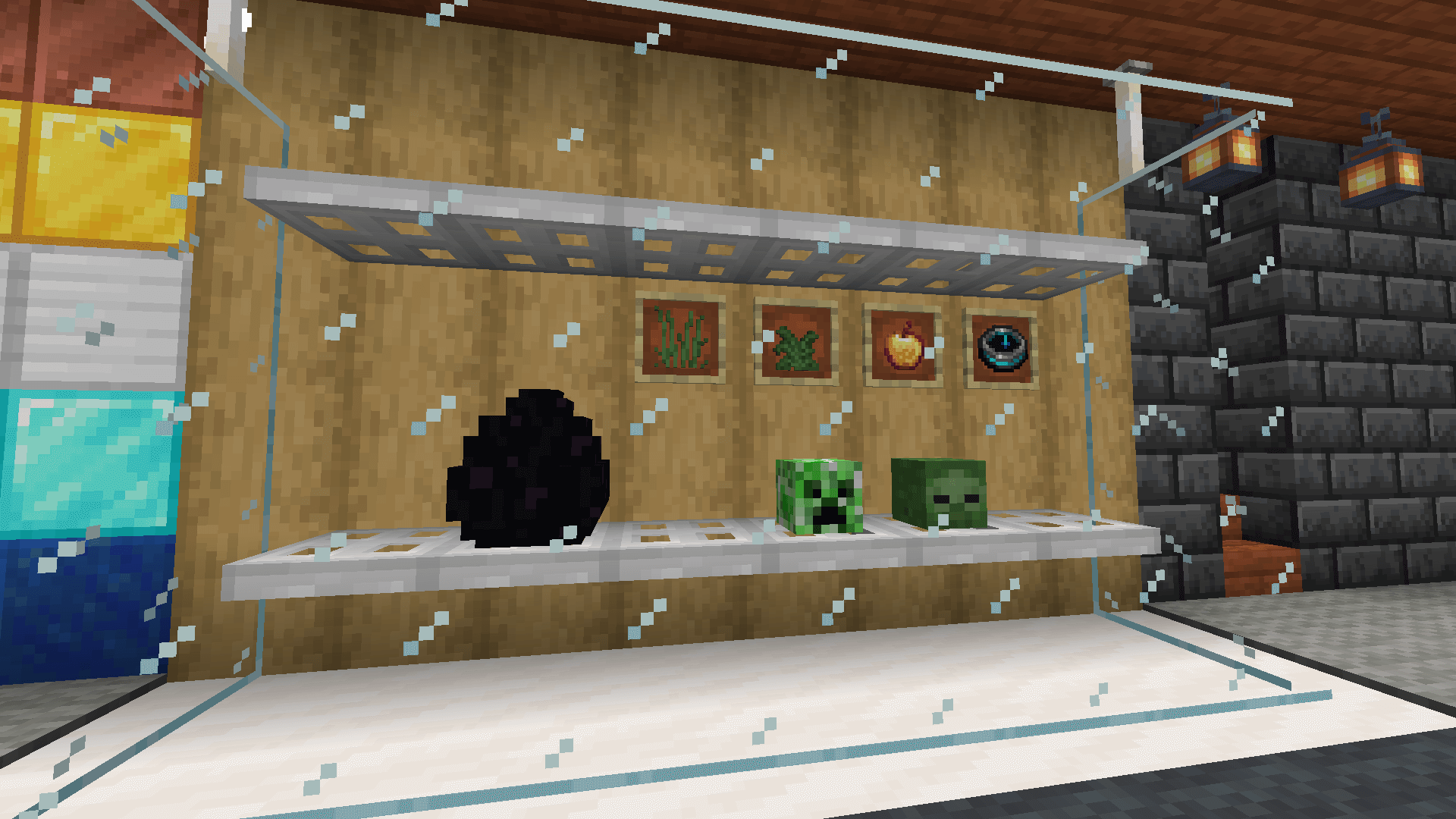 A trophy cabinet made from iron trapdoors and glass panes, with a stripped oak back and a quartz floor. The cabinet contains several rare items.