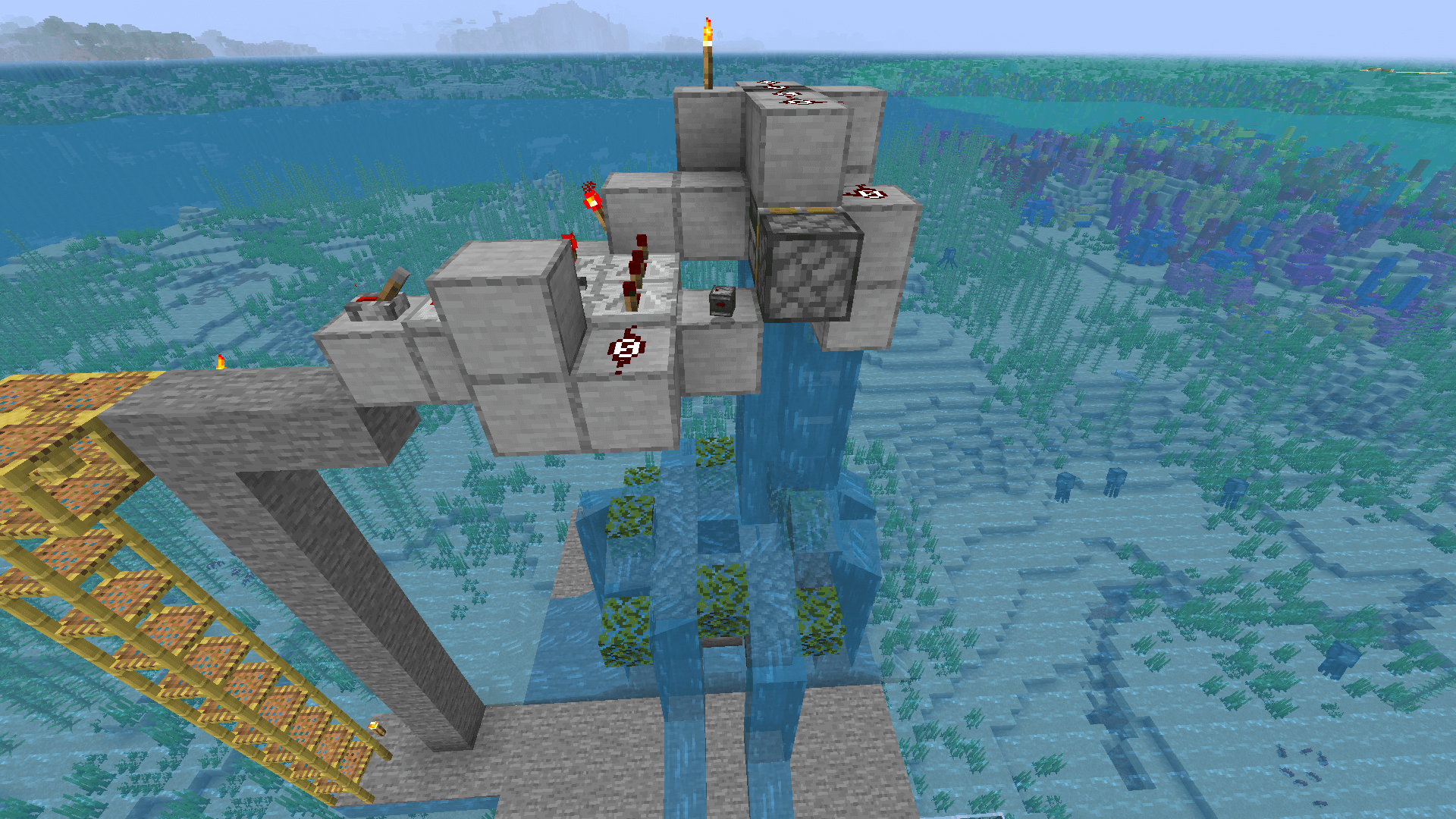 Water spills from the redstone contrption into the lava, turning it to obsidian.