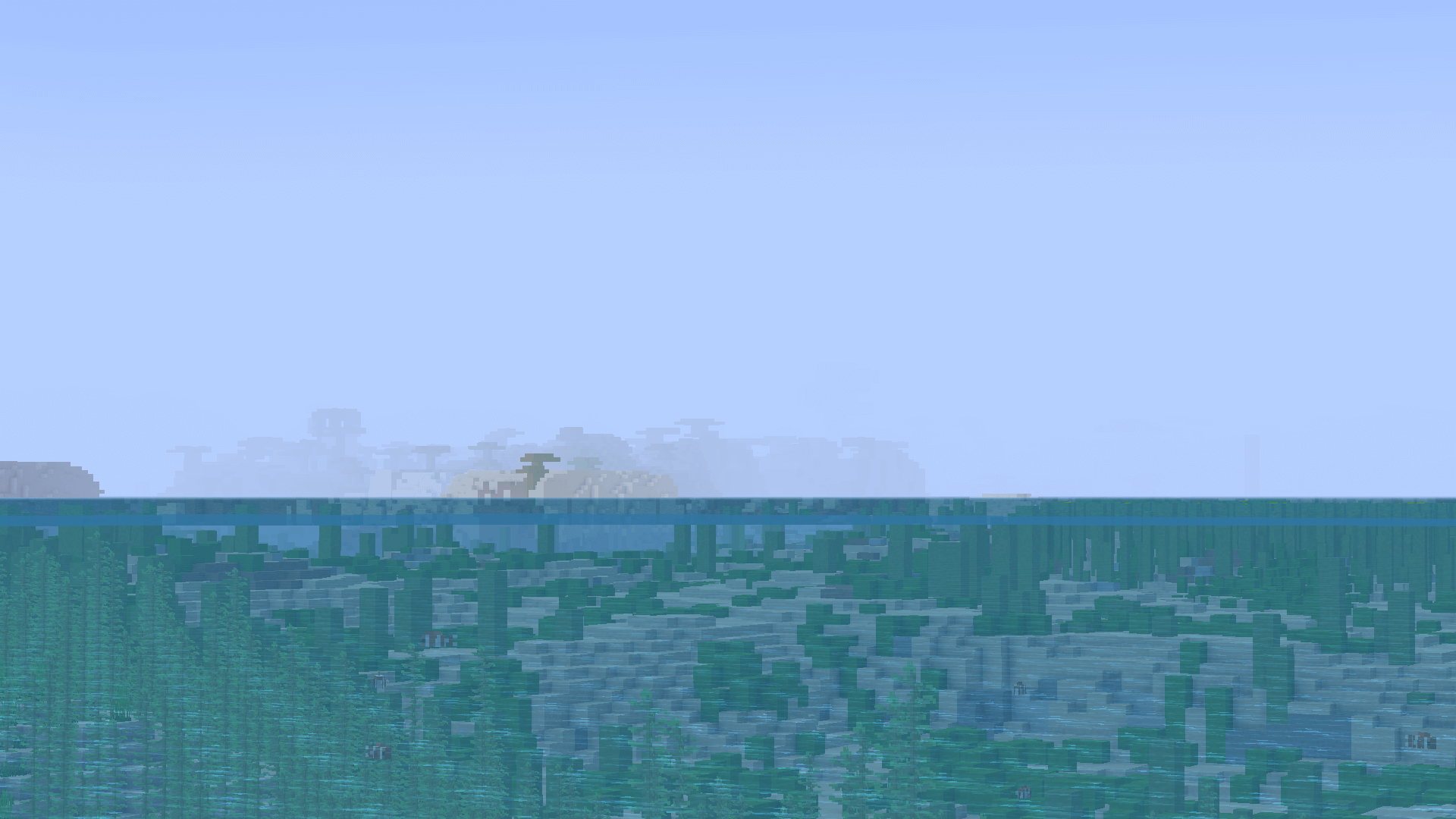 A view across a large ocean. A pillager outpost and some acacia trees are barely visible through the fog in the distance.