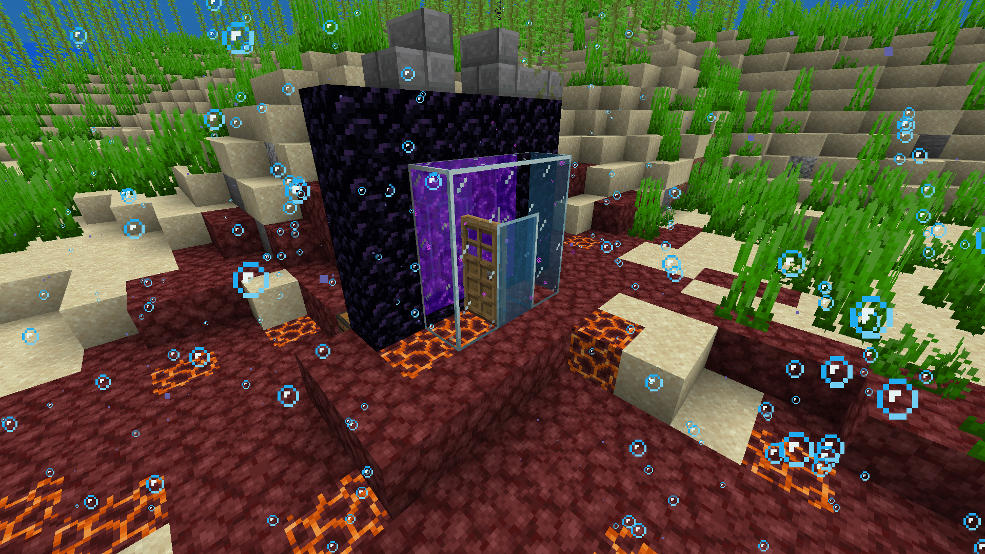 A restored ruined portal under the ocean. The portal opening has been blocked with glass and doors to keep the water out.