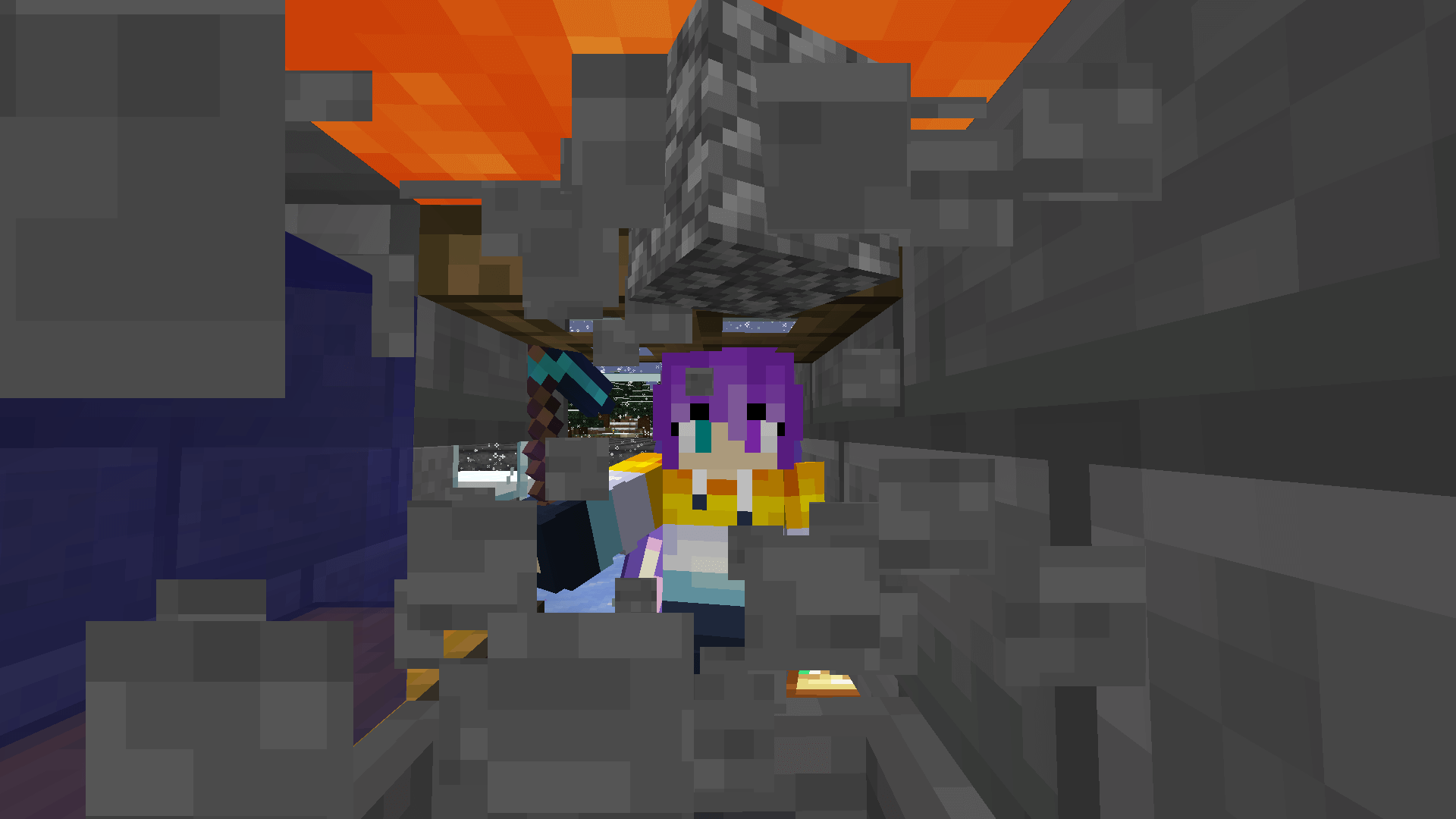 Third-person view of Ela breaking through stone in the stone generator, with stone particles and a cobblestone item flying out.