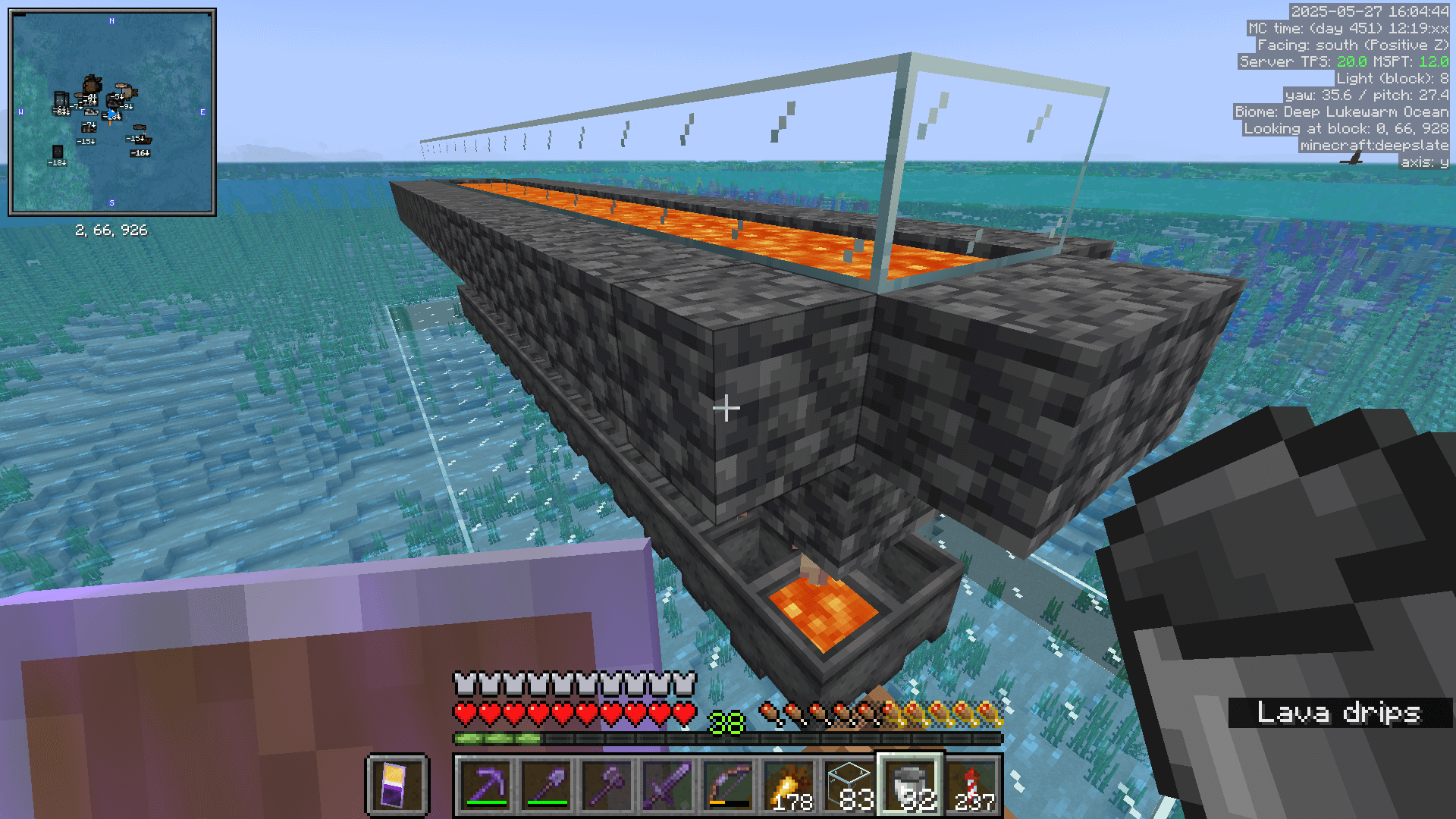 A dripstone lava farm built over the surface of the ocean.