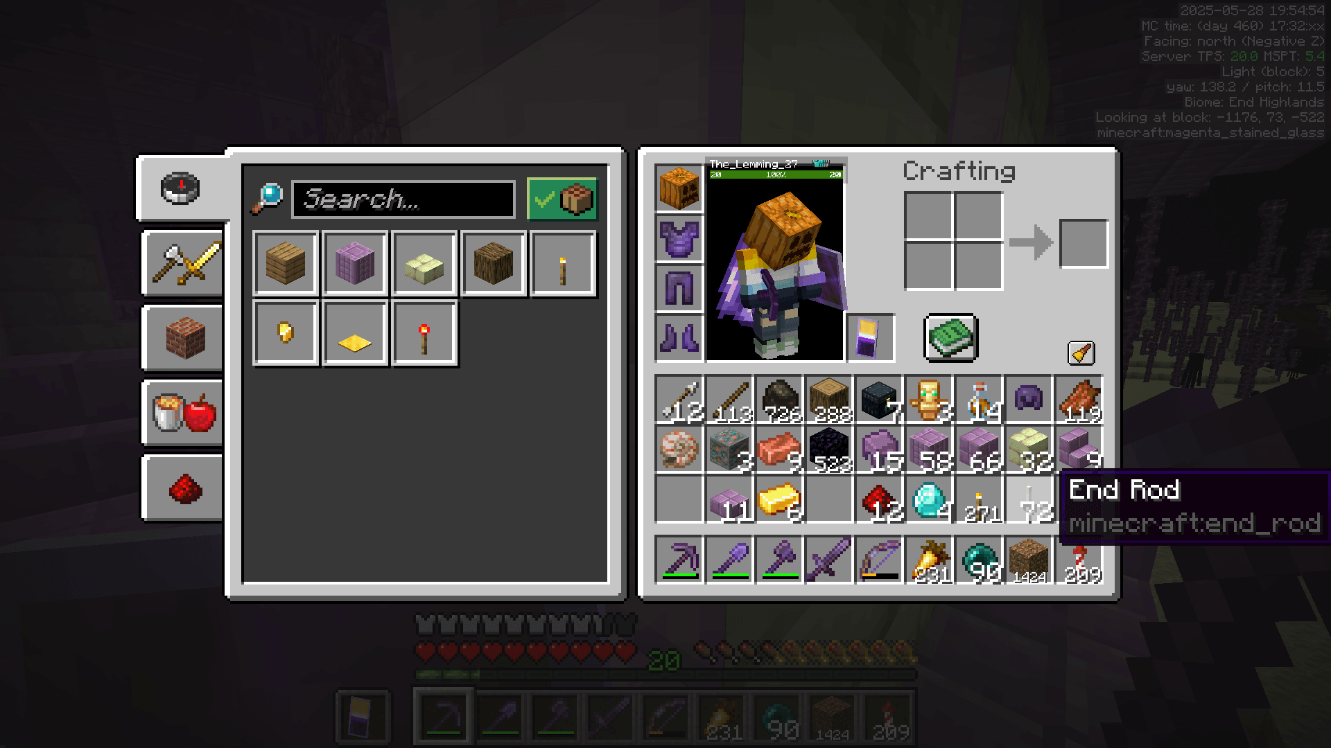 An inventory full of various loot from the End. Highlighted is a stack of 72 end rods.