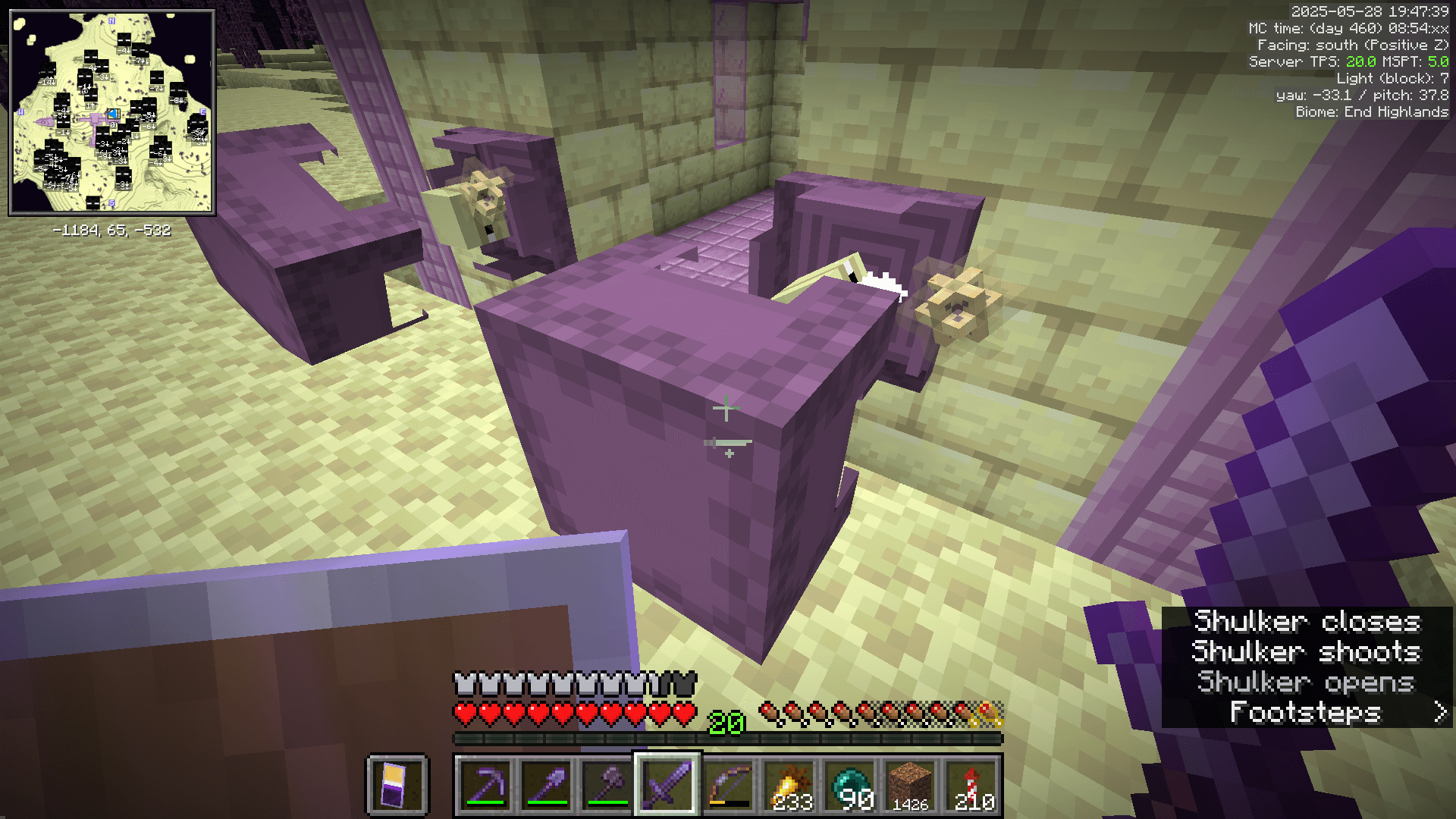 Approaching the shulkers guardiang the entrance to the end city, as they open up and fire their bullets.